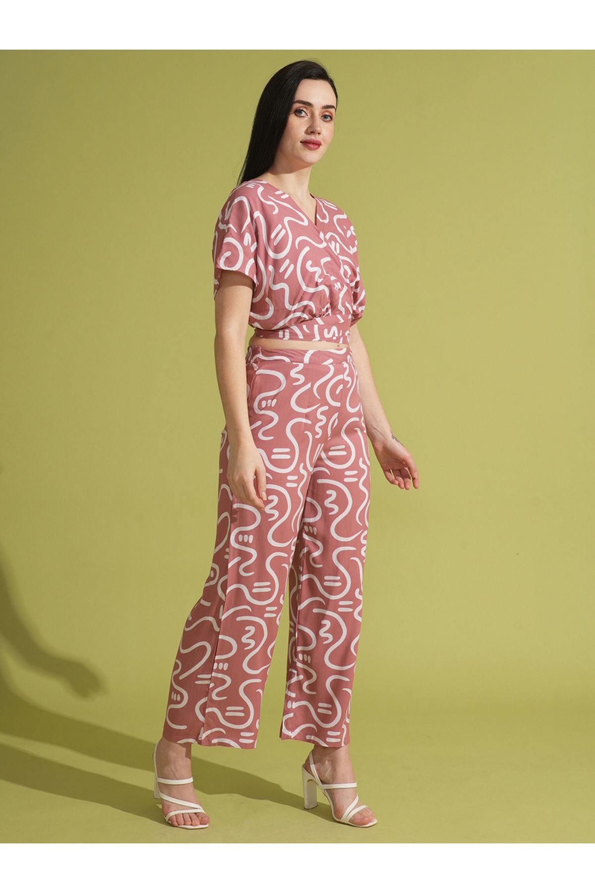Globus By Styli-Abstract Print Wrap Crop Top and Trouser Co-Ords 2