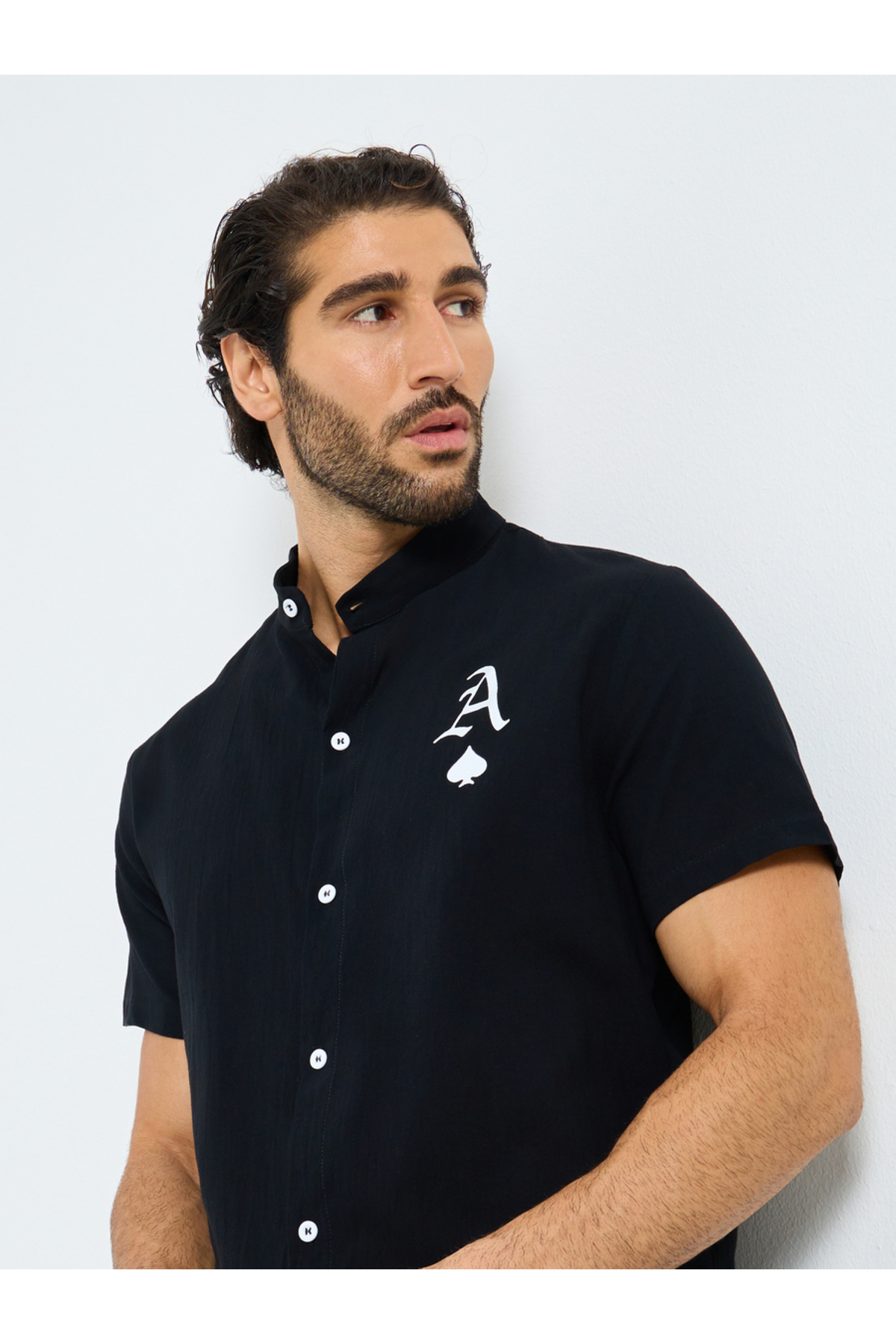Styli Black Graphic Print Mandarin Collar Shirt