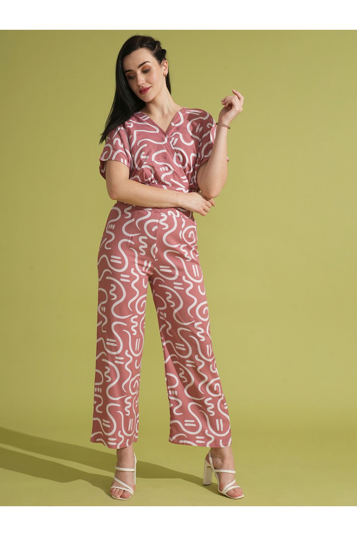 Globus By Styli-Abstract Print Wrap Crop Top and Trouser Co-Ords 1