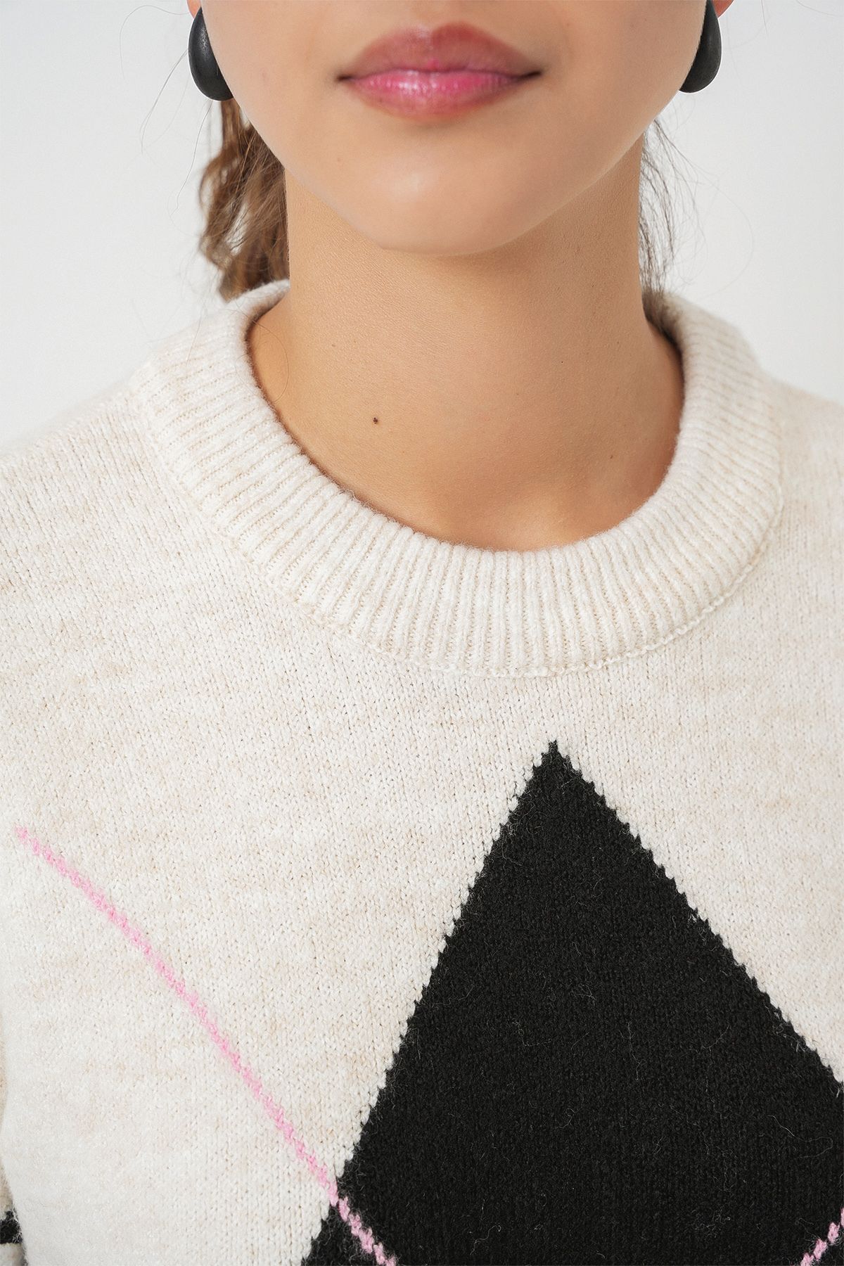 Bigdart-15895 Diamond Patterned Oversize Knitwear Sweater - T. Ecru 5