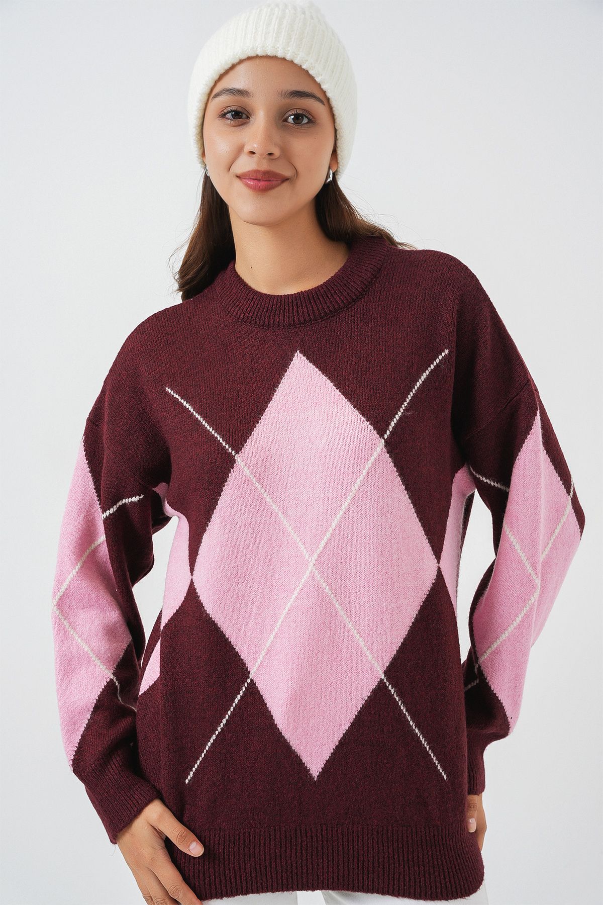 Bigdart-15895 Diamond Patterned Oversize Sweater - Claret Red 3
