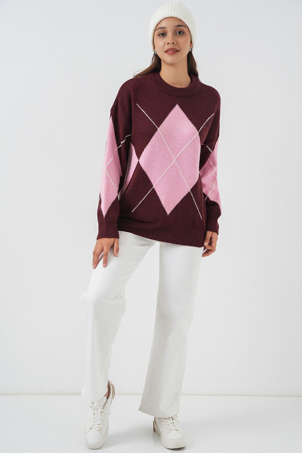 Bigdart-15895 Diamond Patterned Oversize Sweater - Claret Red 2