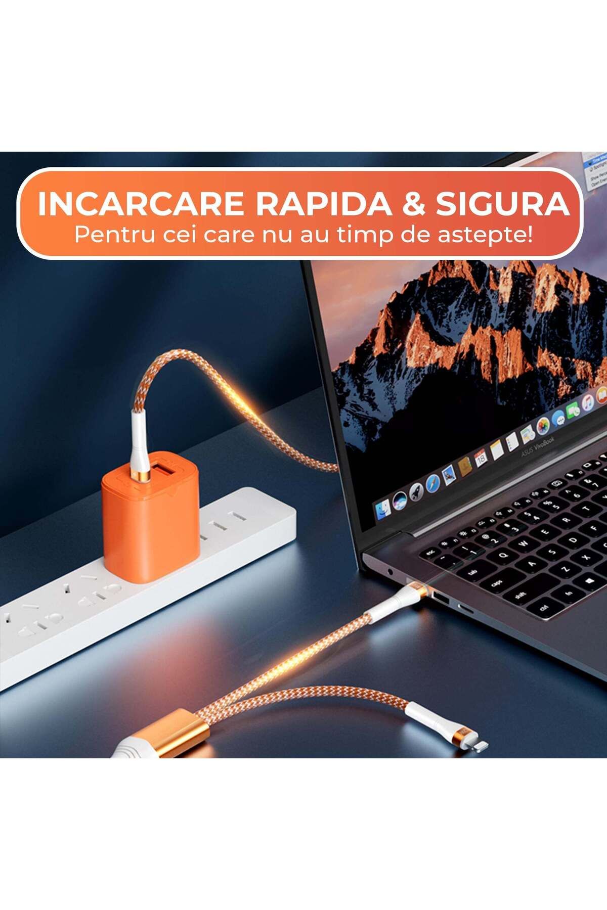 Timebox-Cablu de încărcare și transfer de date 2 în 1, încărcare rapidă 65W, 1,5 m, USB-C, Tip-C, Lightning, Portocaliu 4