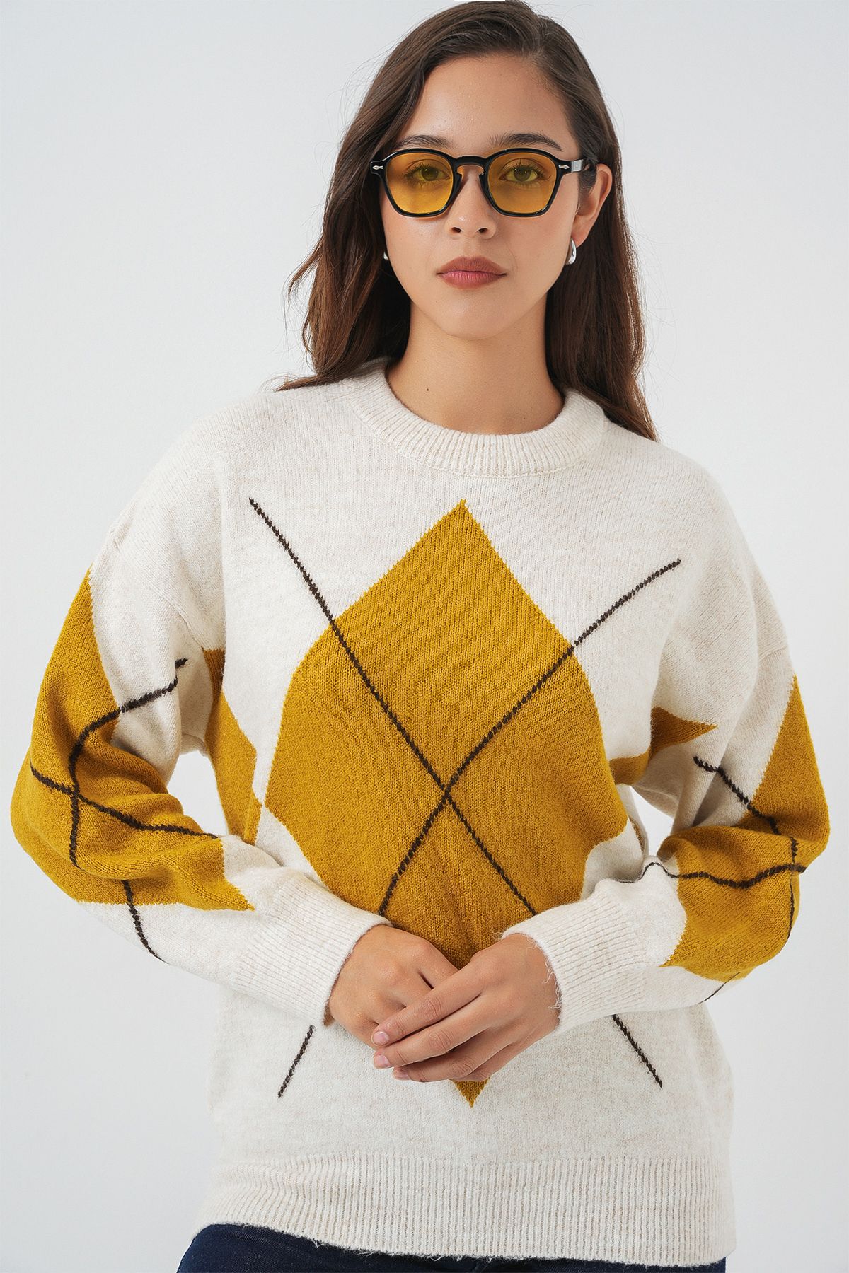 Bigdart-15895 Diamond Patterned Oversize Knitwear Sweater - A.Ekru 4