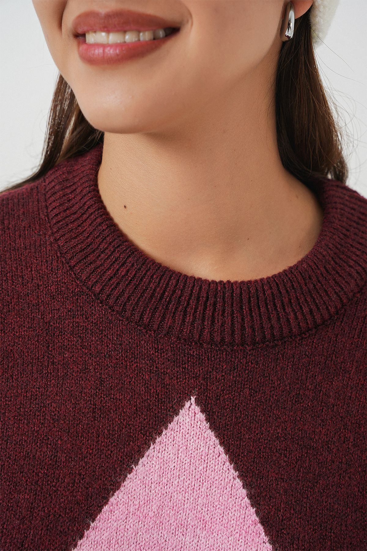 Bigdart-15895 Diamond Patterned Oversize Sweater - Claret Red 5