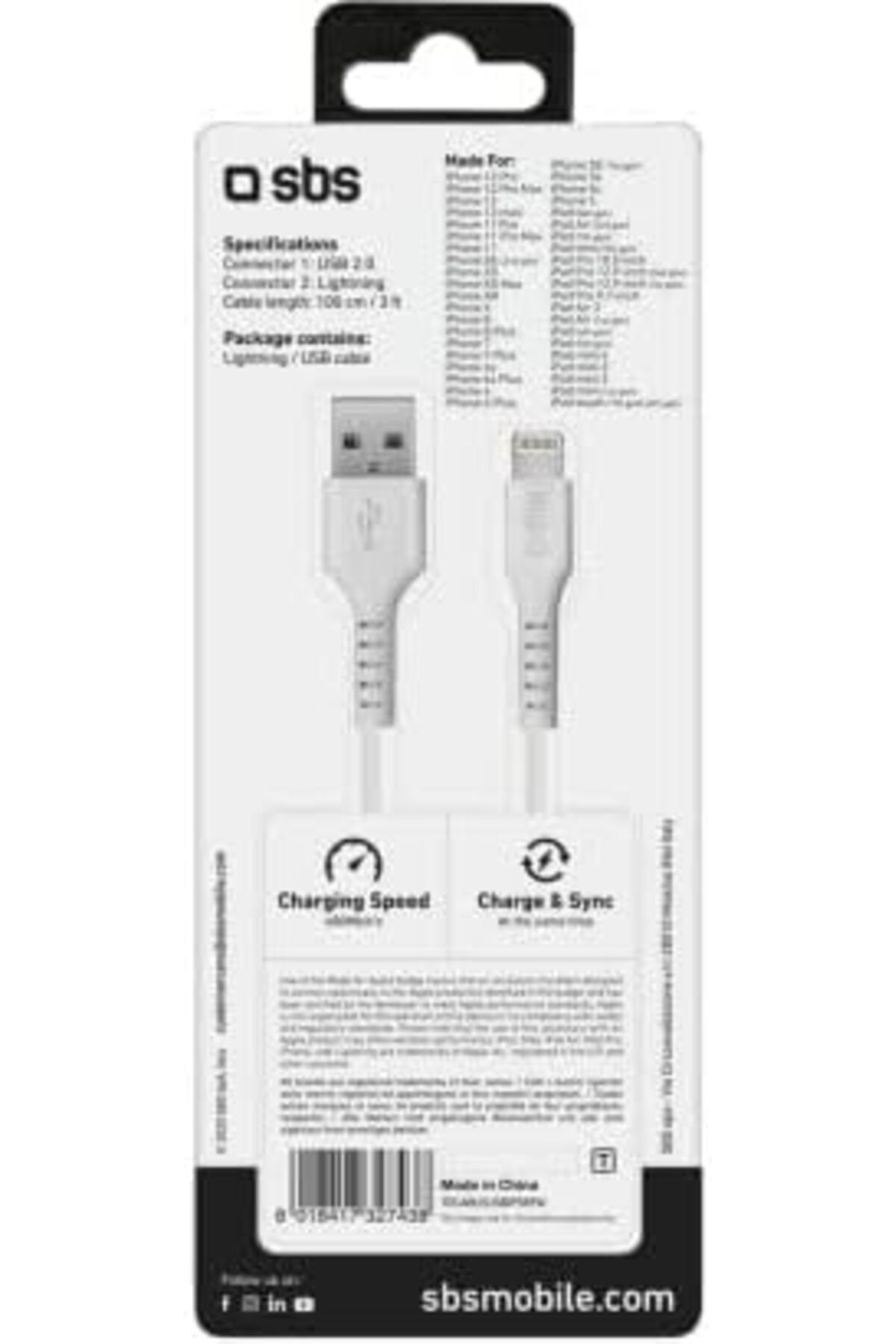 SBS-USB 2.0 to Apple Lightning C-89 Data Cable, 1 Meter, White 4