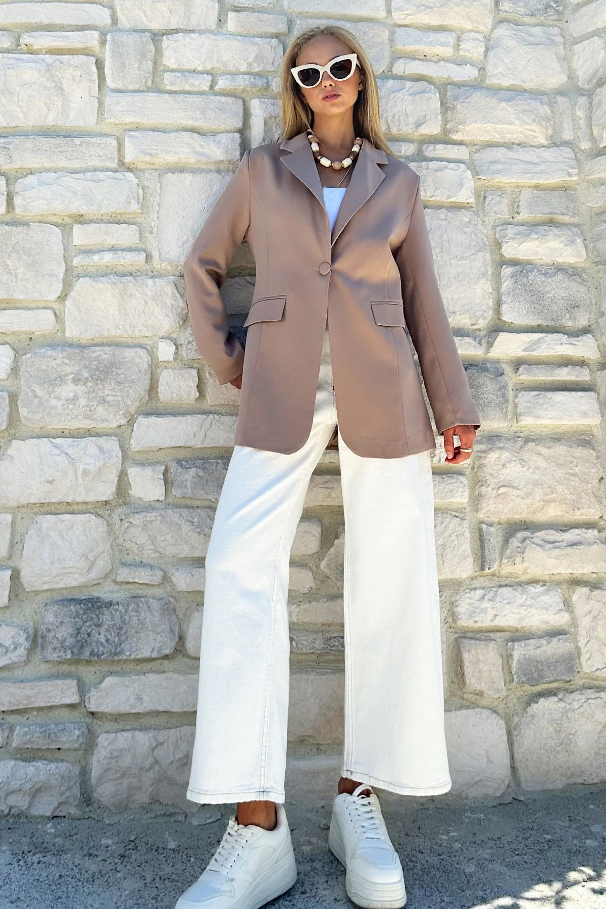 VAGGON-Mink Pocket and Button Detailed Blazer Jacket with Padded Shoulders 5