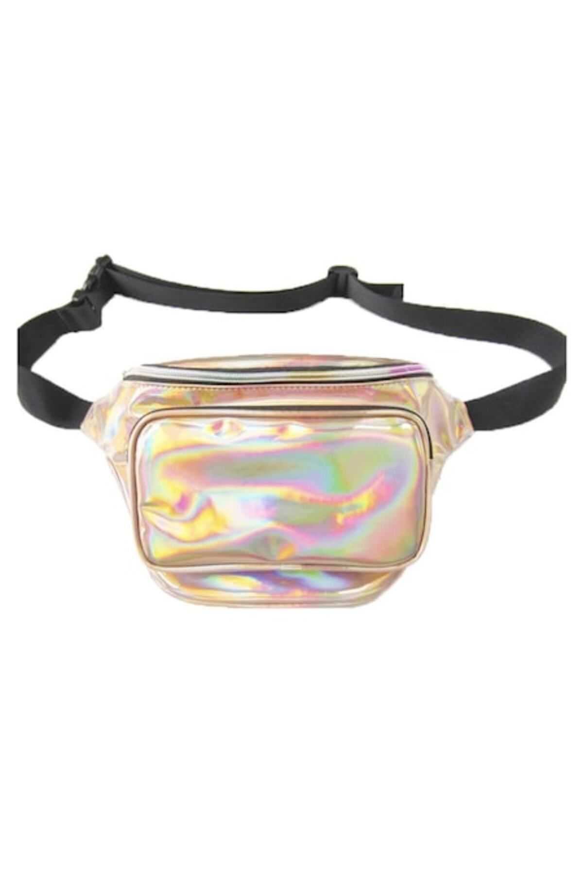 OEM-Modern Shiny Waist Bag with 3 External Zipper Pockets, Gold Color 1