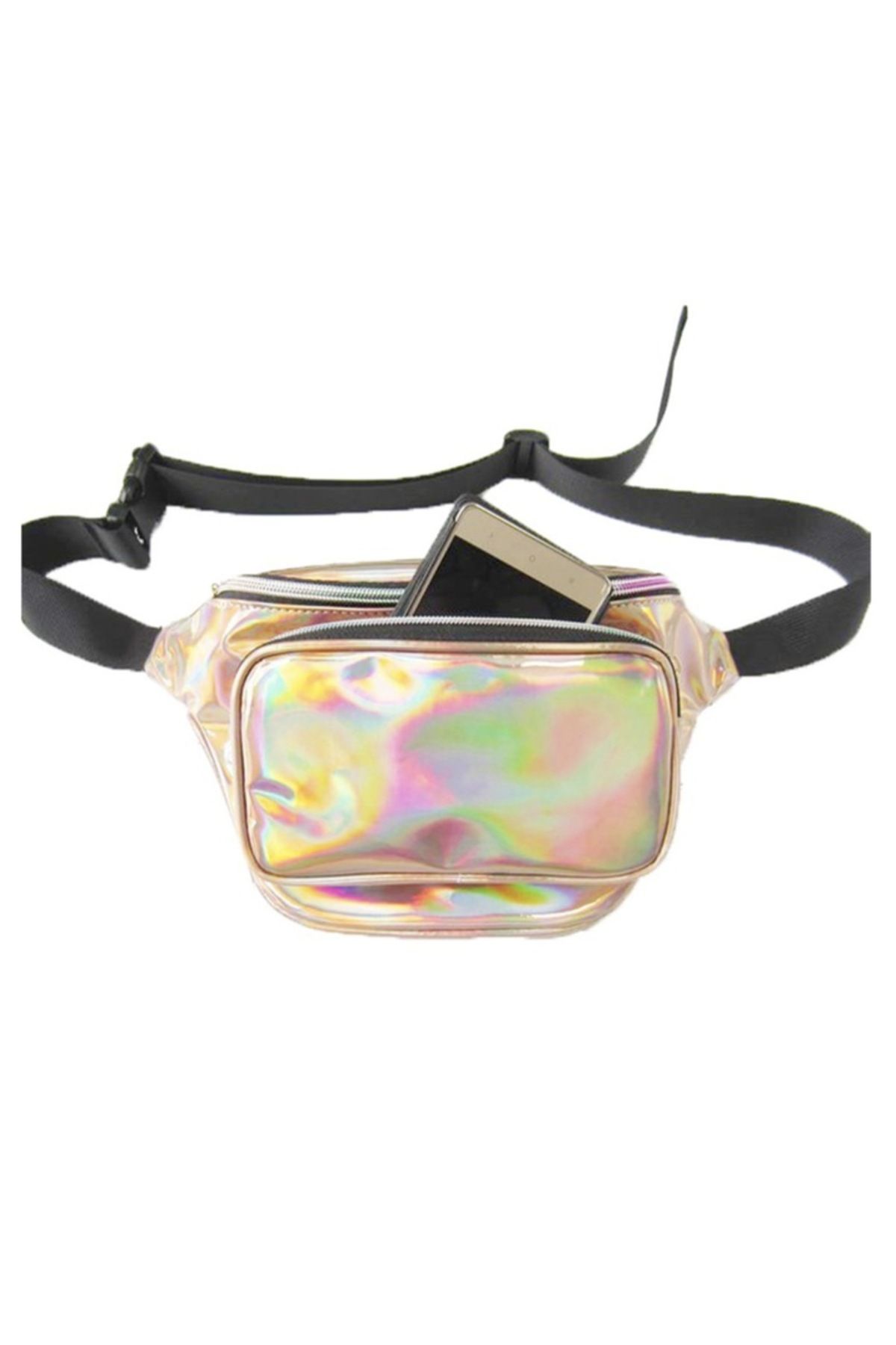 OEM-Modern Shiny Waist Bag with 3 External Zipper Pockets, Gold Color 3