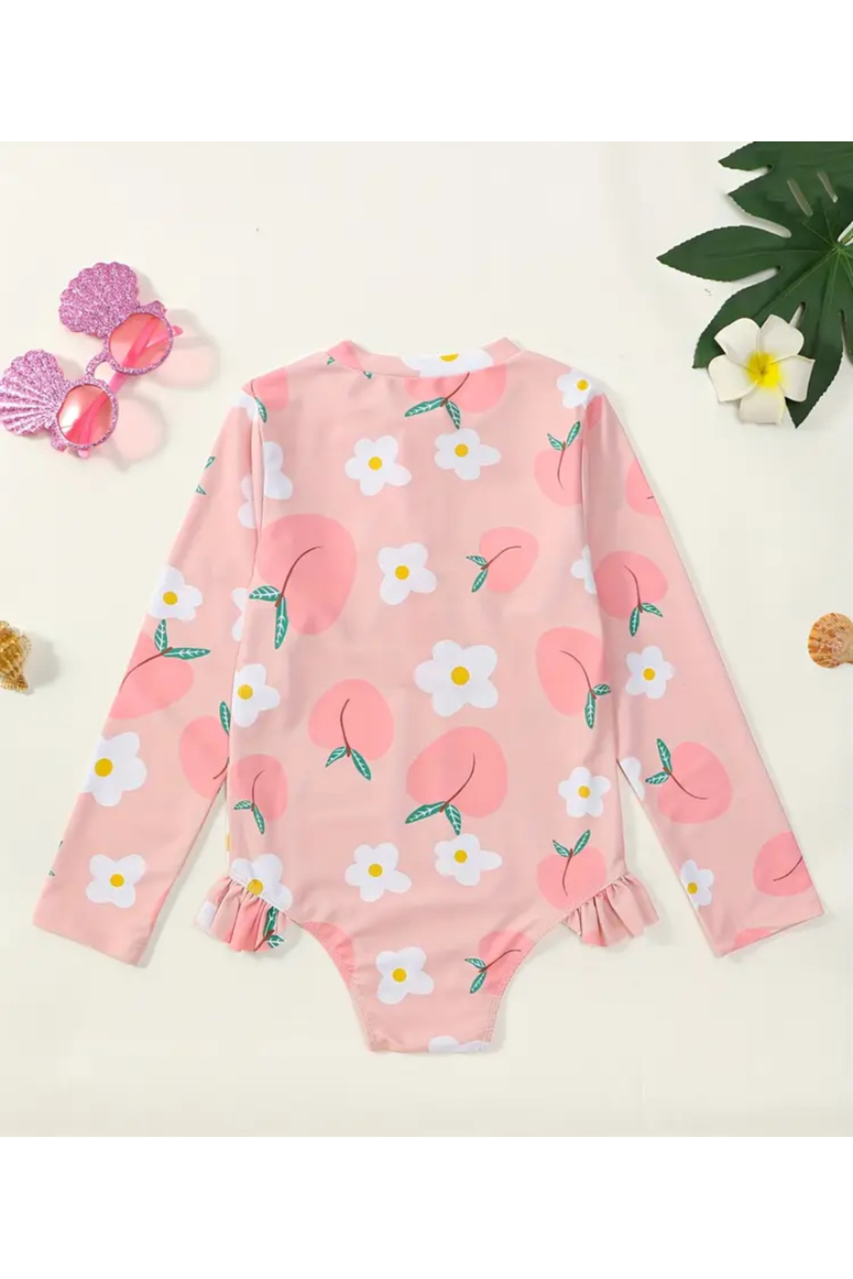 MODA Bebek Pembe Şeftali ve Çiçek Desenli Uzun Kollu Fırfırlı Mayo – Yazlık Deniz ve Havuz Giyim fotoğrafı 2 (önizleme)