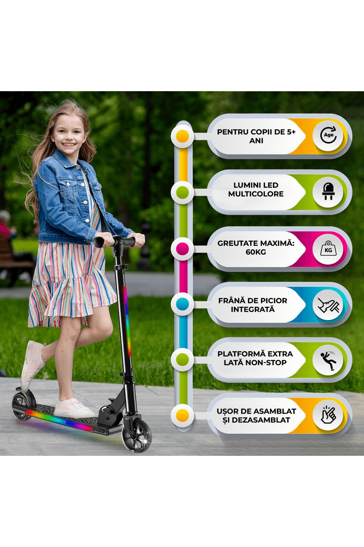 Elindor-2-Wheel Scooter for Kids, Foldable and Portable, RGB LED Lights, Height Adjustable Handle, Black 6