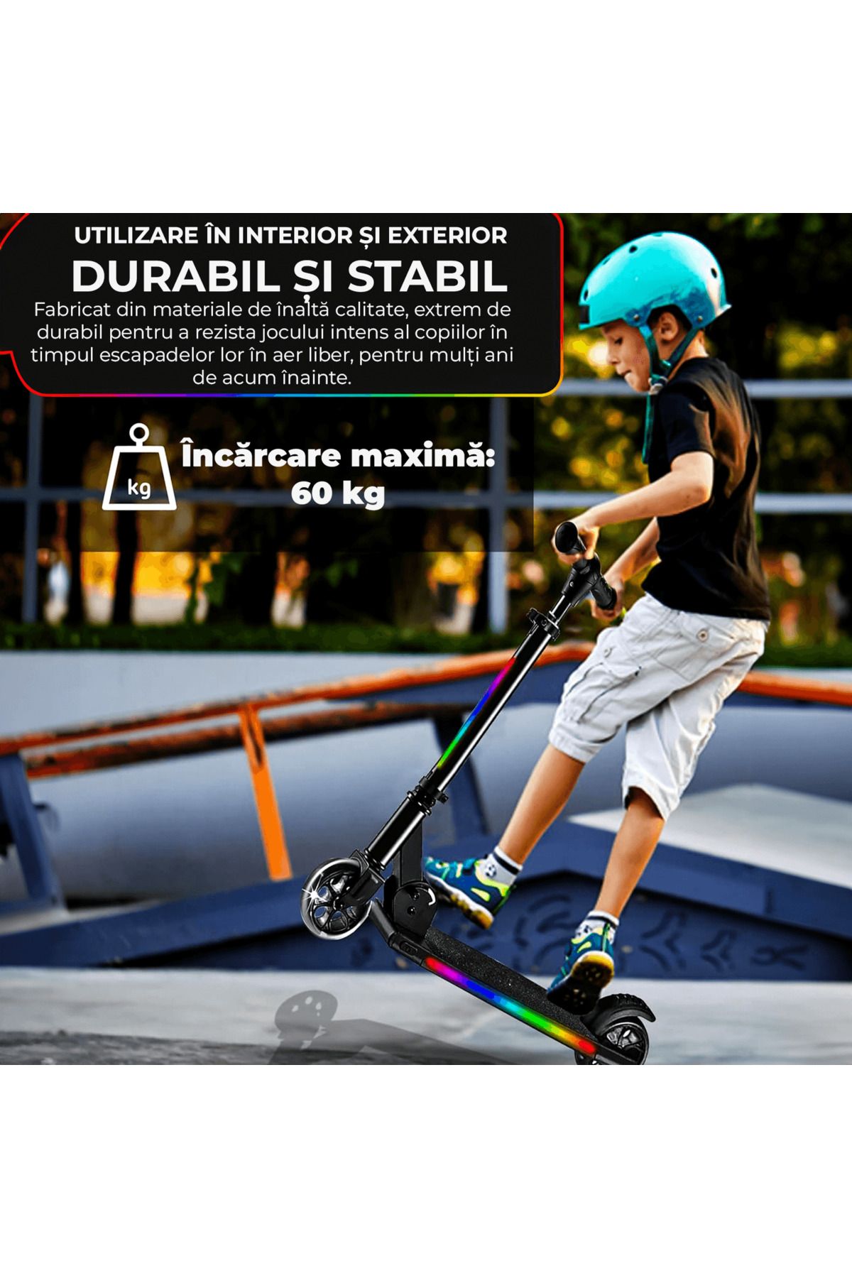 Elindor-2-Wheel Scooter for Kids, Foldable and Portable, RGB LED Lights, Height Adjustable Handle, Black 7