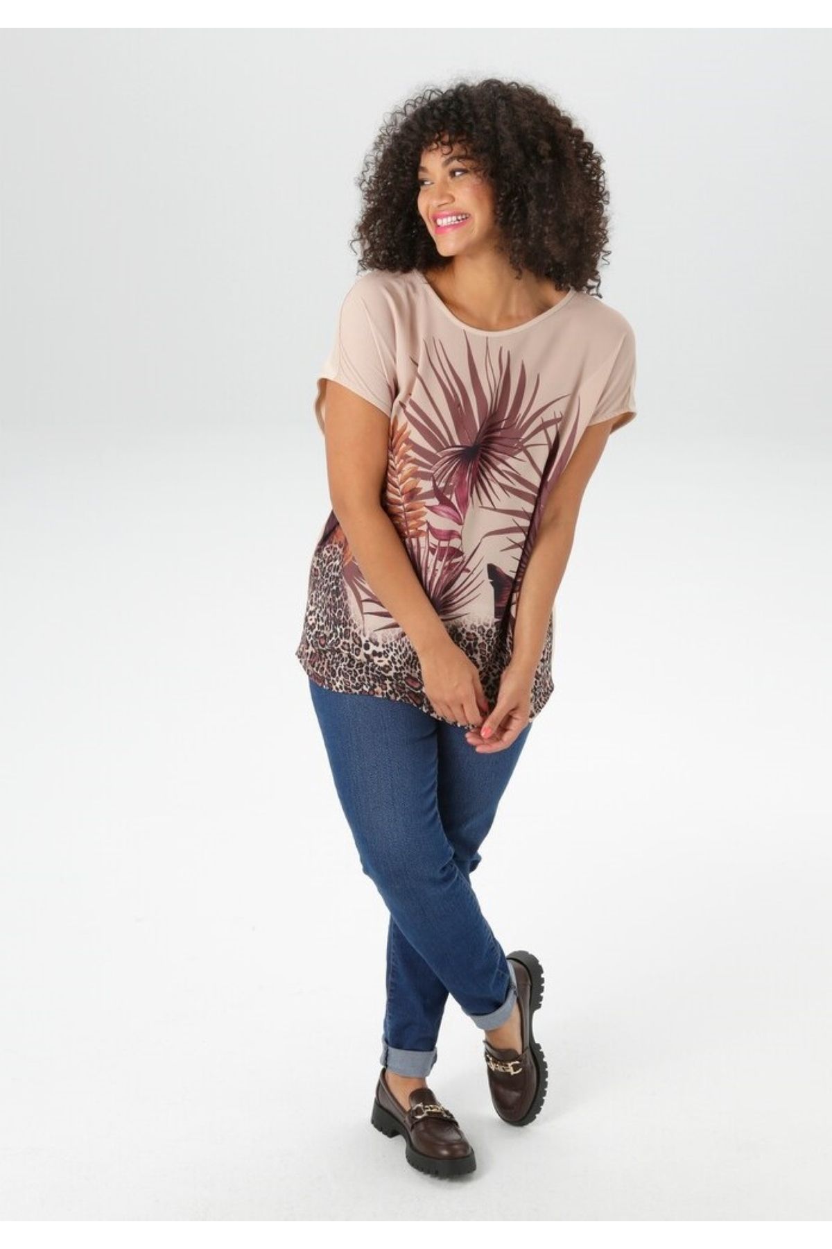 Şans-Women's Plus Size Mink, Front Patterned Crepe Fabric, Back Viscose Fabric Low Sleeve Blouse 65N39044 5