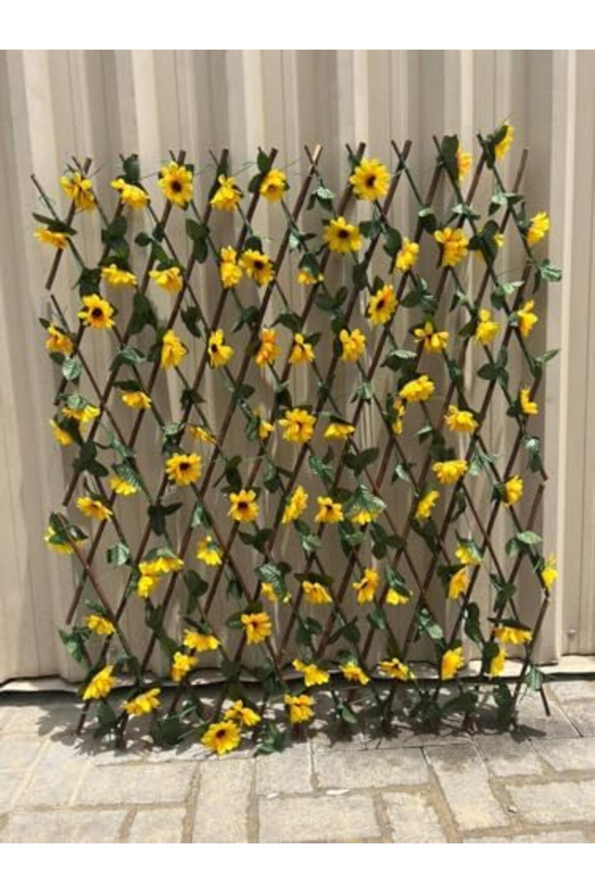 Generic-Expandable Artificial Sunflower Trellis, Garden Privacy Lattice with Yellow Flowers and Green Leaves 1