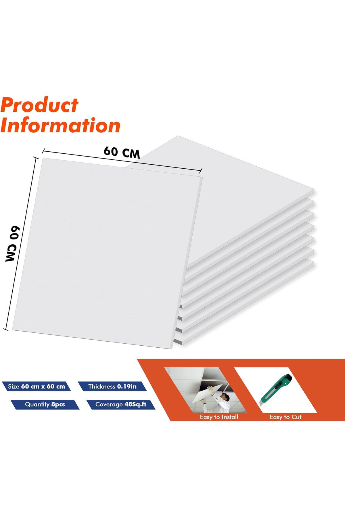 کاشی‌های سقفی مصنوعی فوق‌العاده نازک، سفید، ۶۰۰ × ۶۰۰ × ۷ میلی‌متر، بسته ۸ عددی