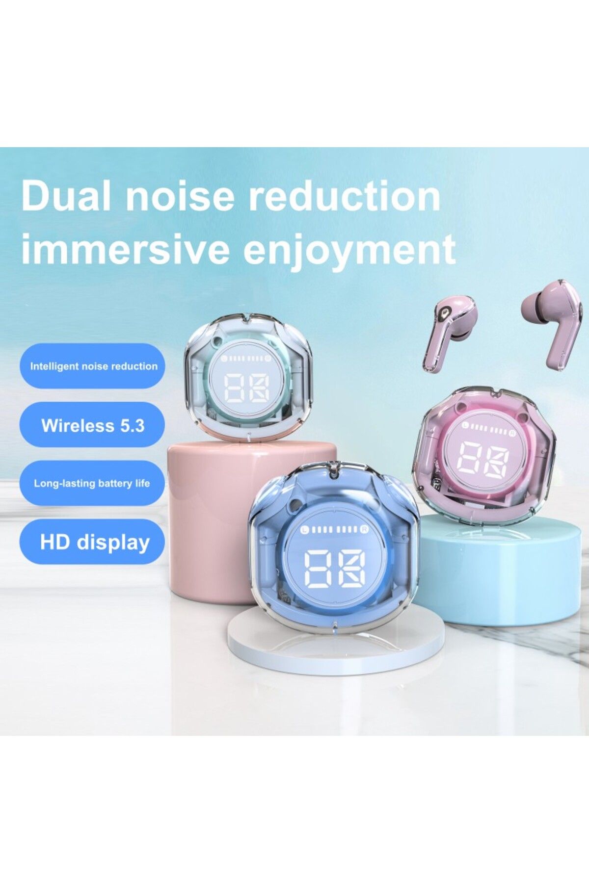 OEM-Smart Bluetooth TWS-EM-AIR39 Earbuds, 5.3, Pink, LED Display, Low Latency, Universal Compatibility 5