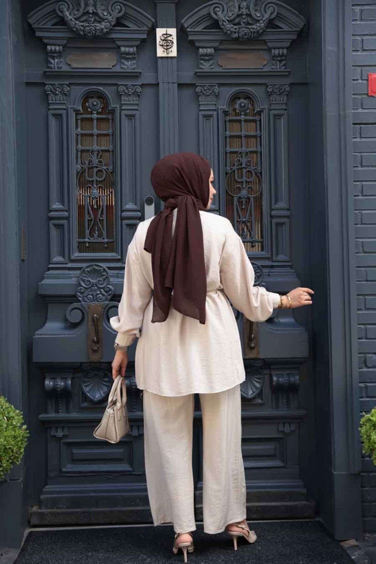 N.S NEVA STYLE-Buttoned Beige Hijab Double Set 60341Bej 4