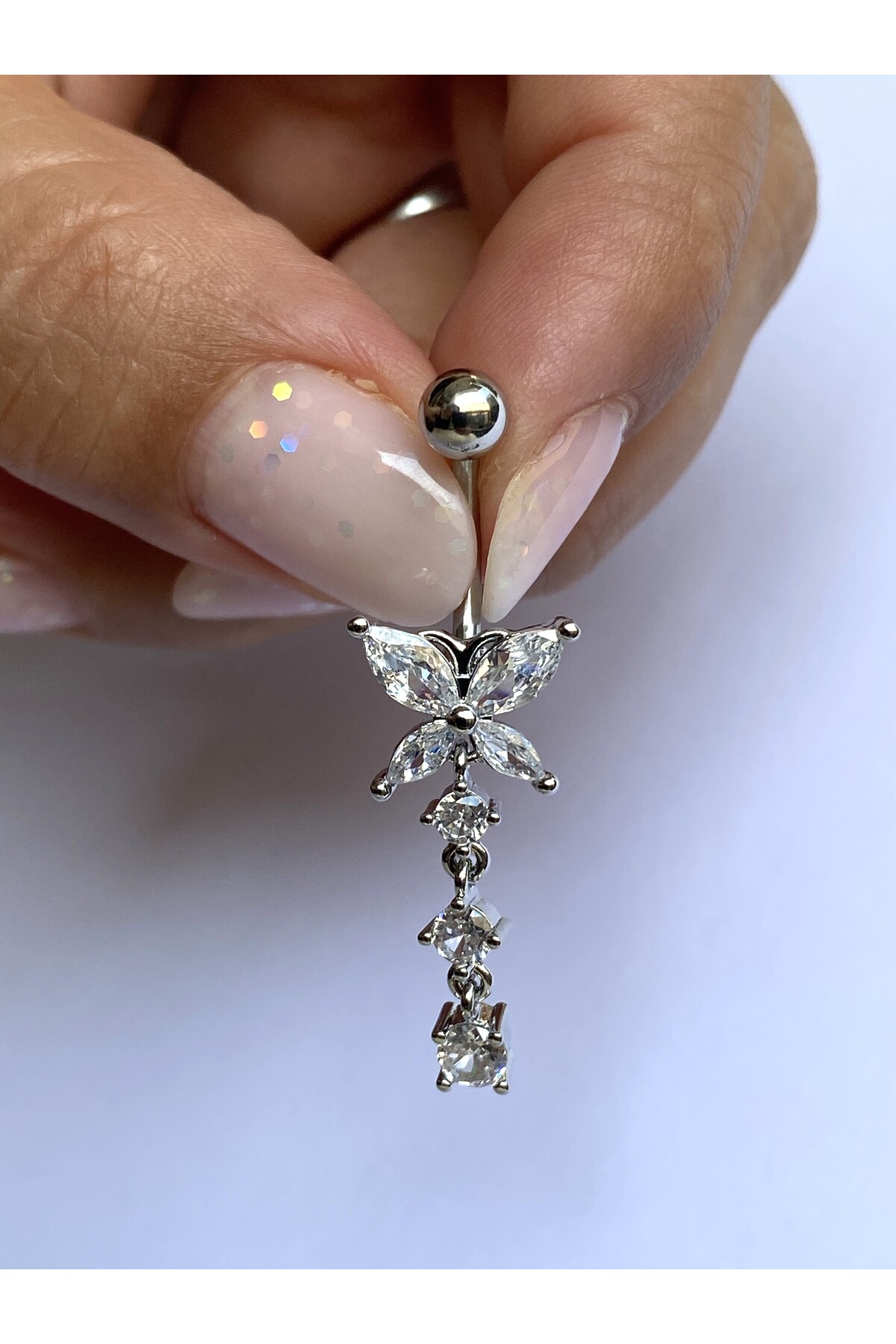 Steel Belly Piercing Butterfly Zircon Stone Swinging Three Row