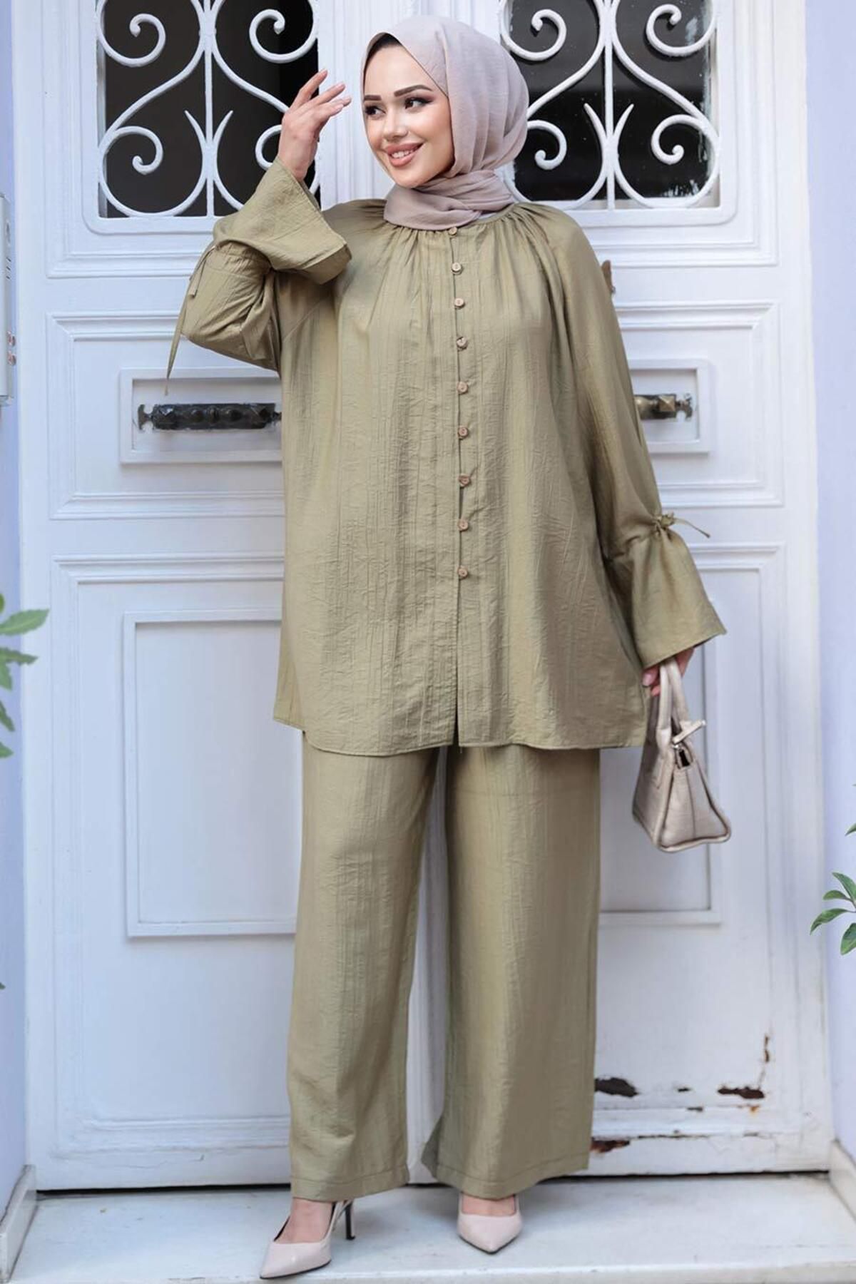 N.S NEVA STYLE-Buttoned Light Khaki Hijab Double Set 30451Ahk 4