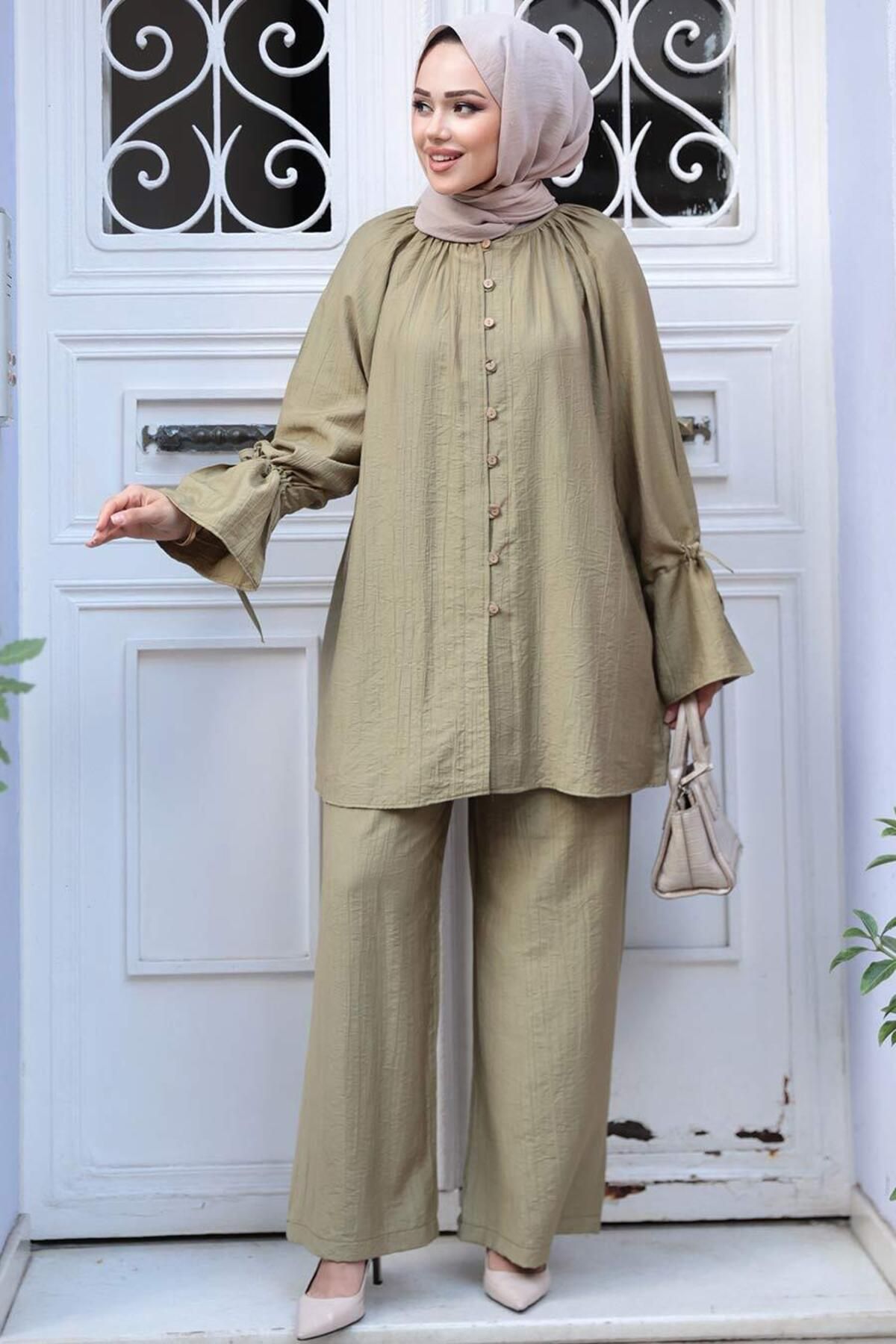 N.S NEVA STYLE-Buttoned Light Khaki Hijab Double Set 30451Ahk 3