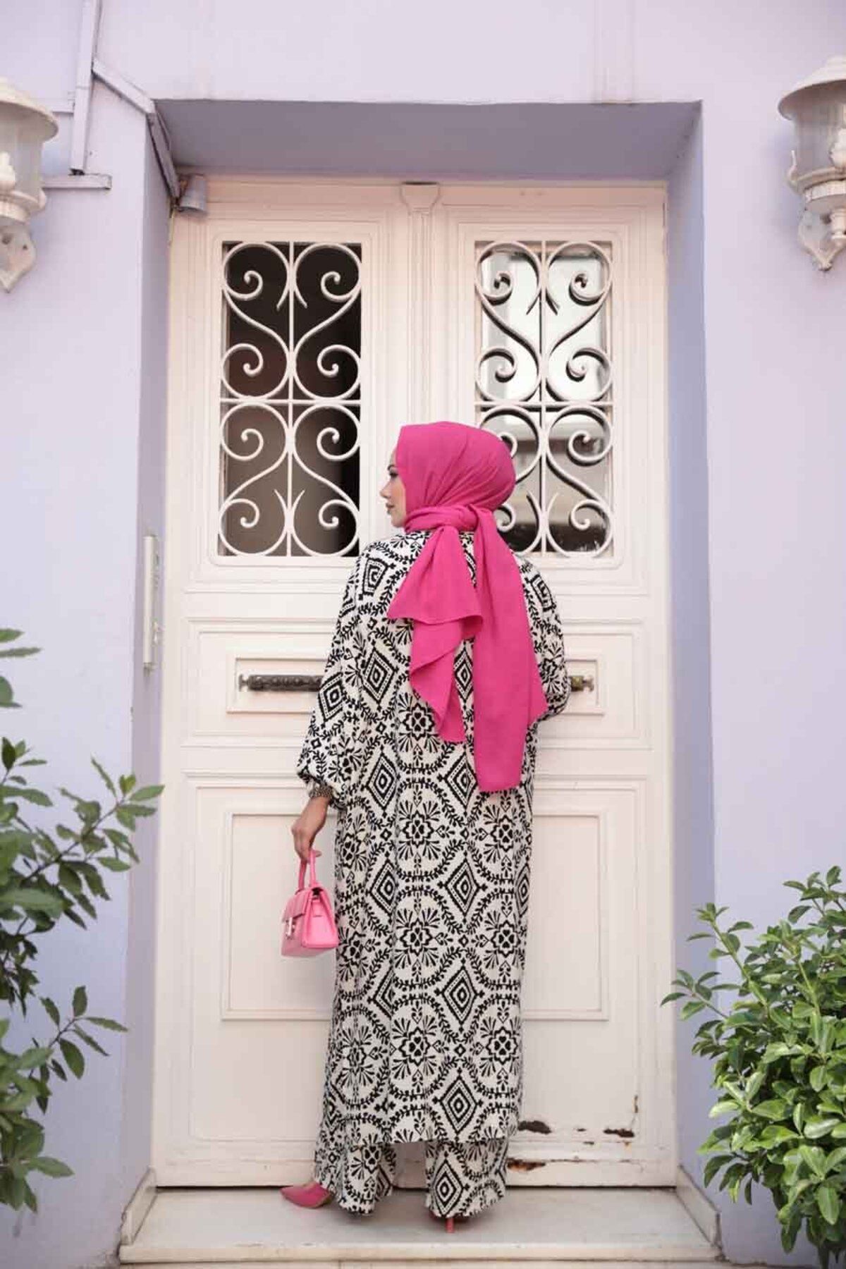 N.S NEVA STYLE-Patterned Ecru Hijab Double Kimono Set 12889E 5