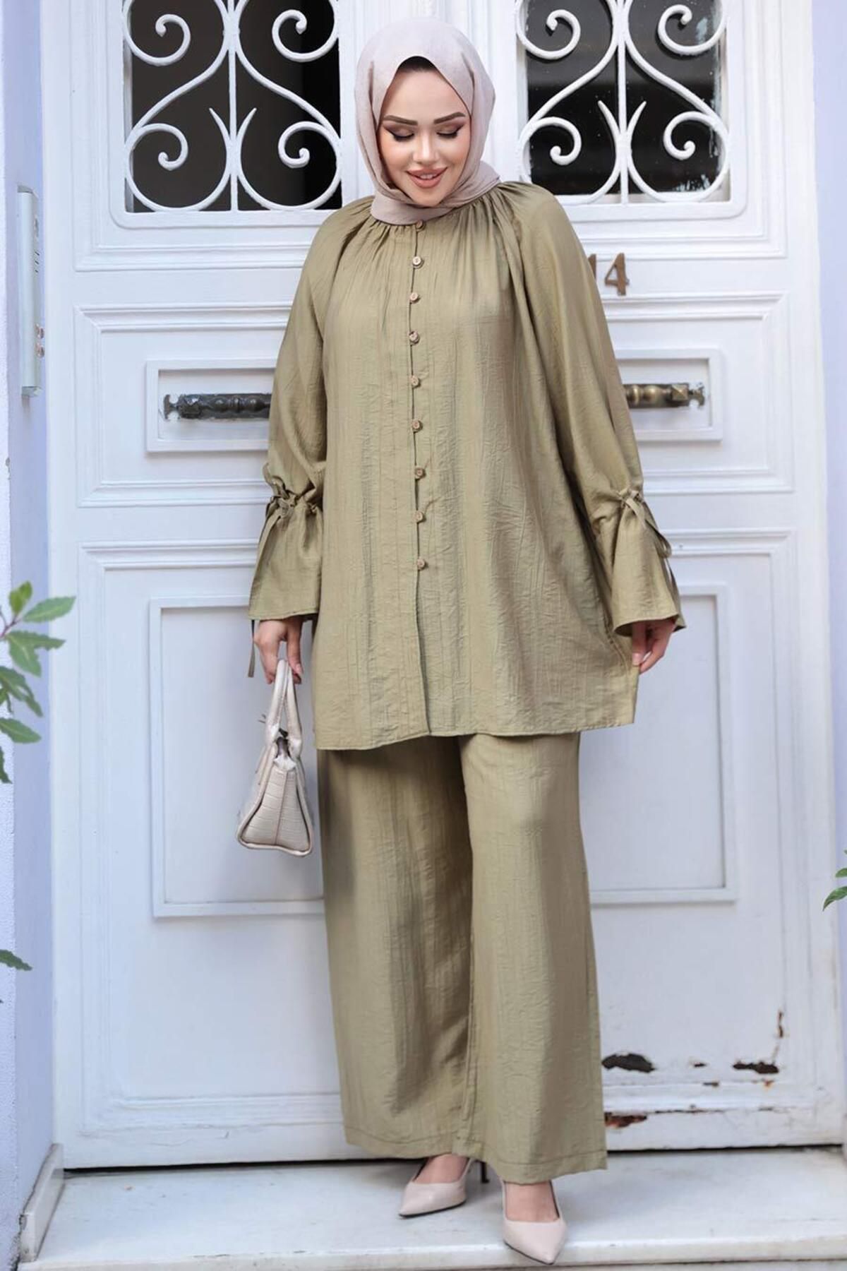 N.S NEVA STYLE-Buttoned Light Khaki Hijab Double Set 30451Ahk 2