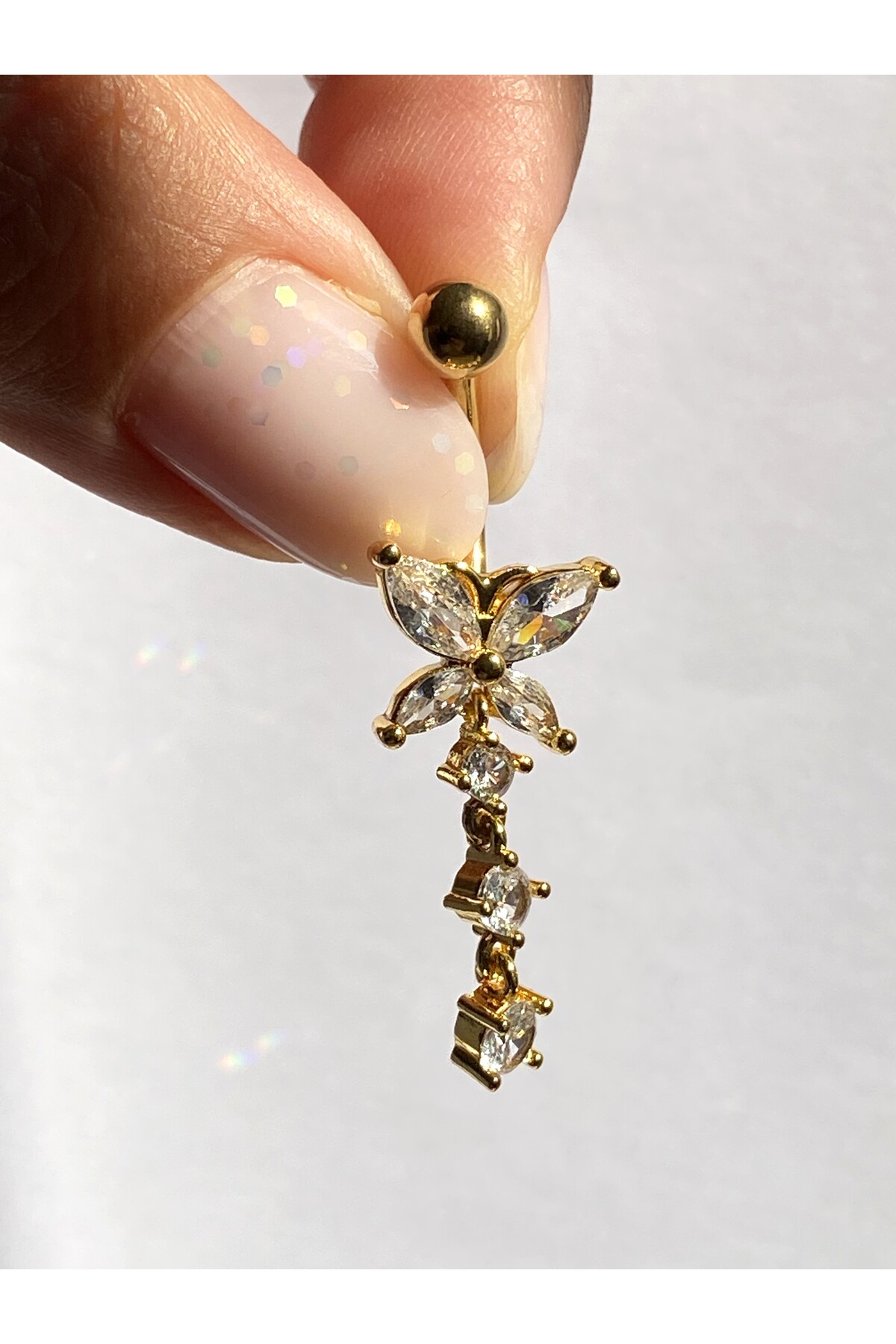 Steel Belly Piercing Butterfly Zircon Stone Swinging Three Row