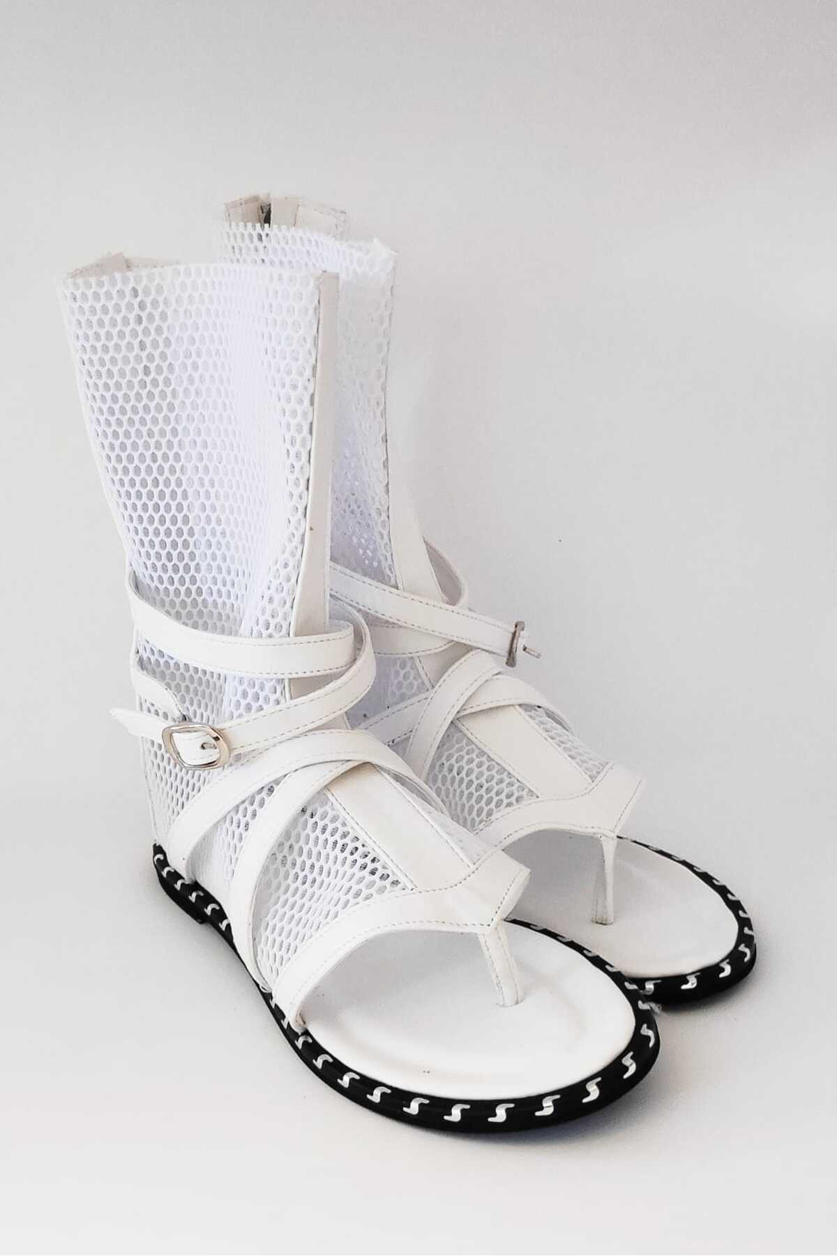 MaisonStanbul  Deri File Beyaz Gladyatör Sandalet - Görsel 3