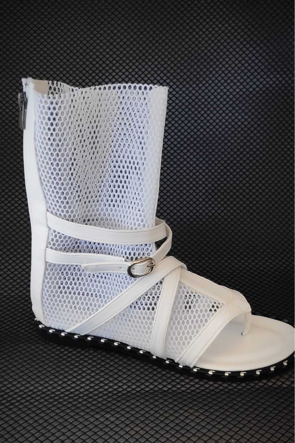 MaisonStanbul  Deri File Beyaz Gladyatör Sandalet - Görsel 2