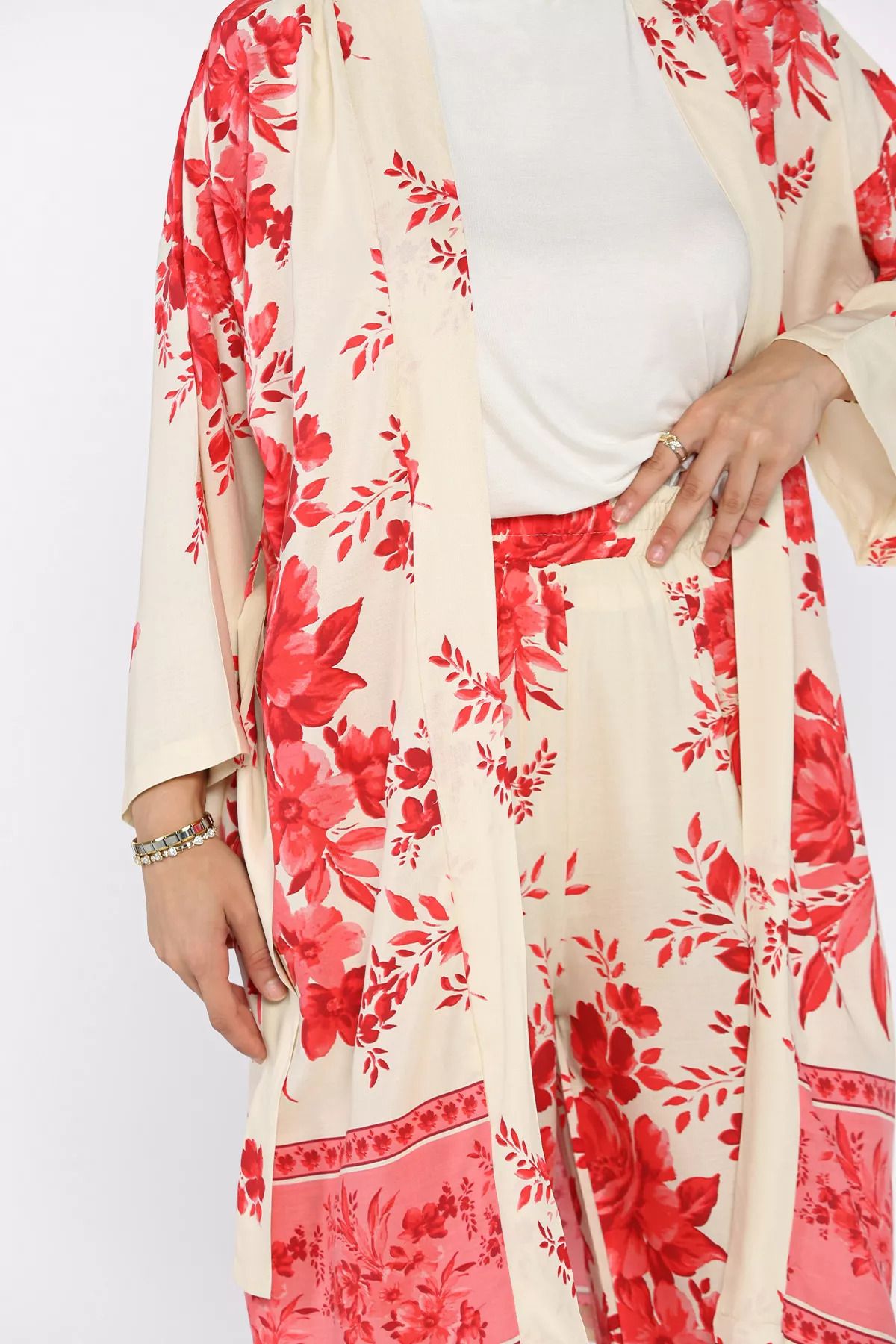 julude-Fuchsia Hijab Patterned Kimono Trousers Double Set 4