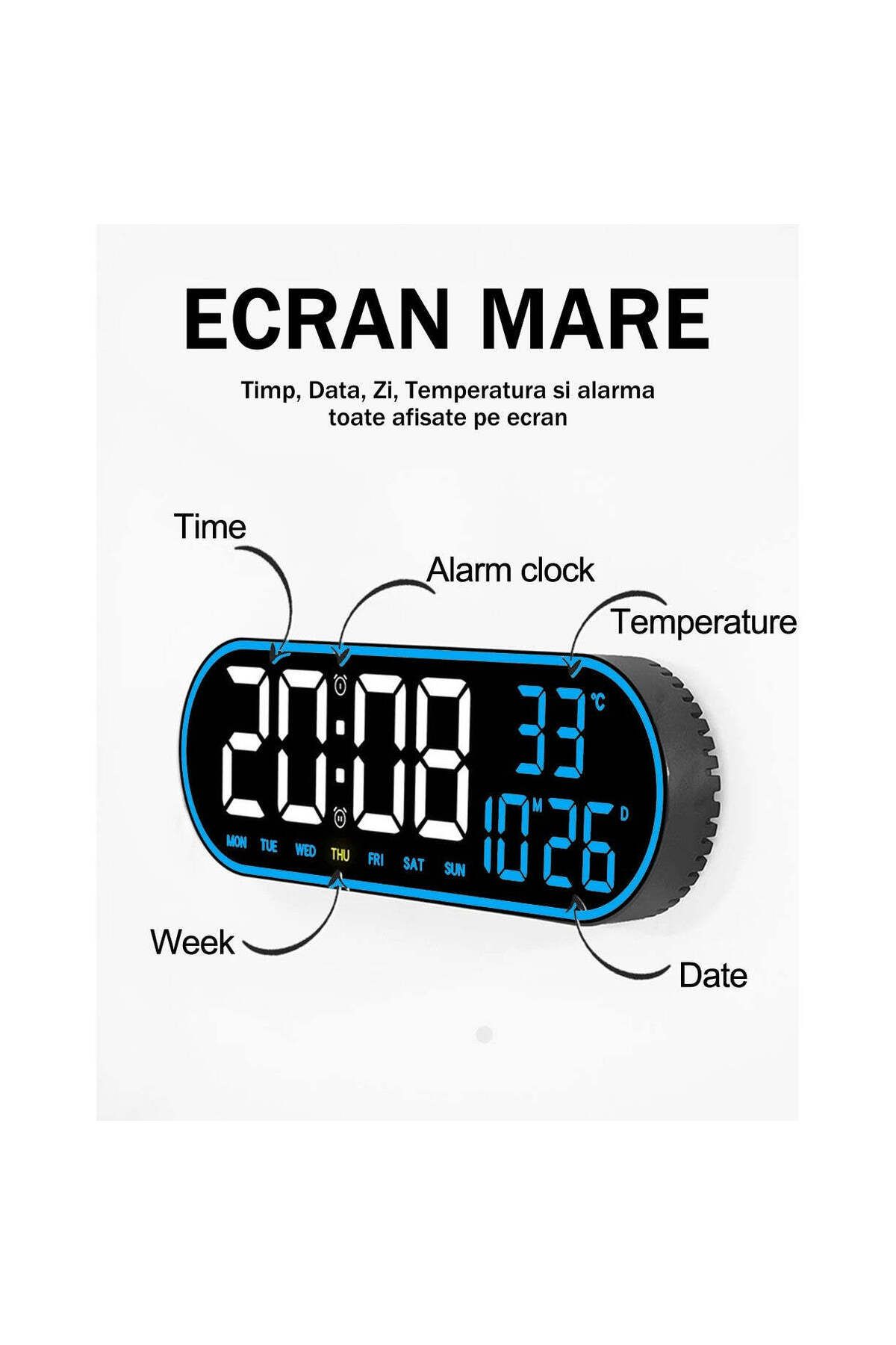 VTM-Ceas Digital de Masa si Perete Oval cu LED Albastru, Calendar, Cronometru, 2 Alarme, Termometru 3