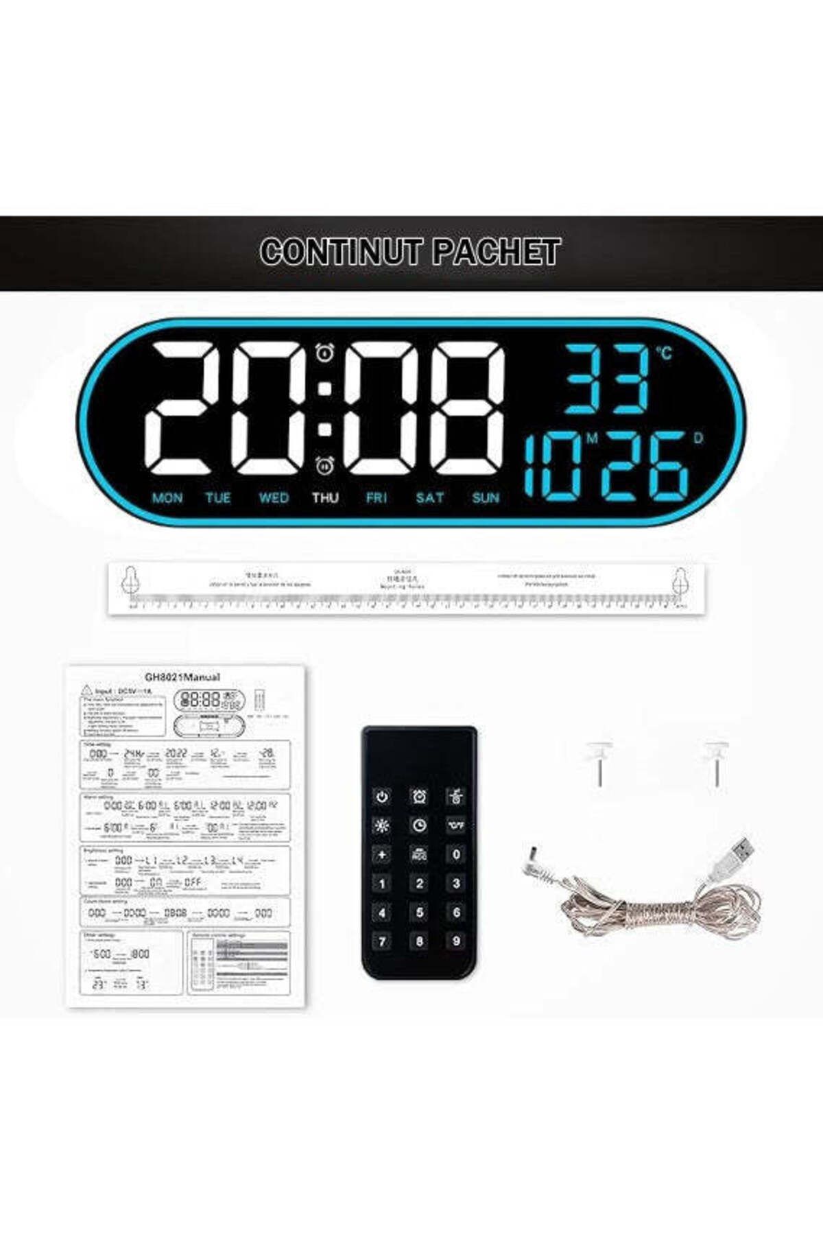 VTM-Ceas Digital de Masa si Perete Oval cu LED Albastru, Calendar, Cronometru, 2 Alarme, Termometru 5