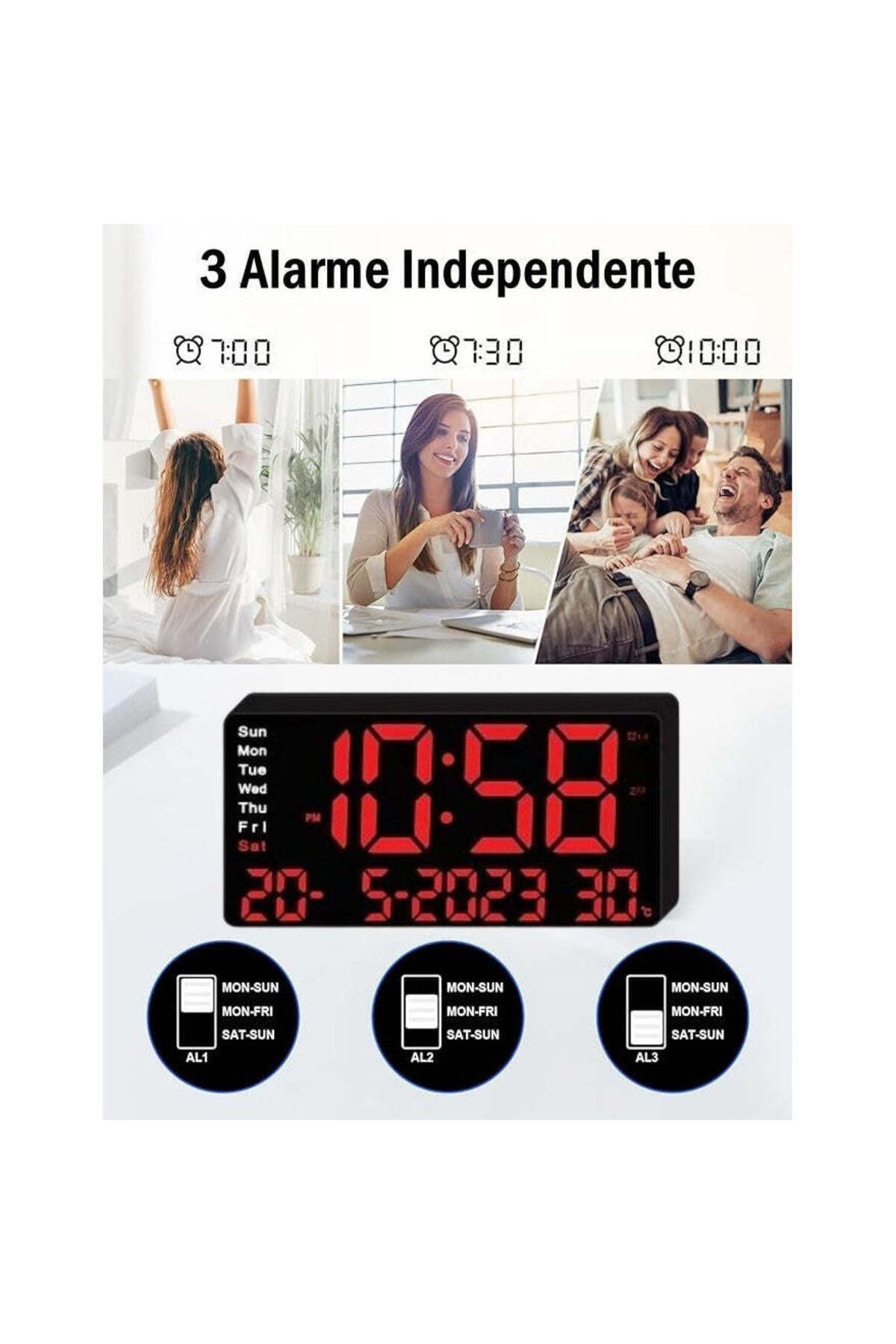 VTM-Digital Table Clock Red LED, Alarm, 3 Brightness, Calendar, Temperature, Snooze, Night Mode 2