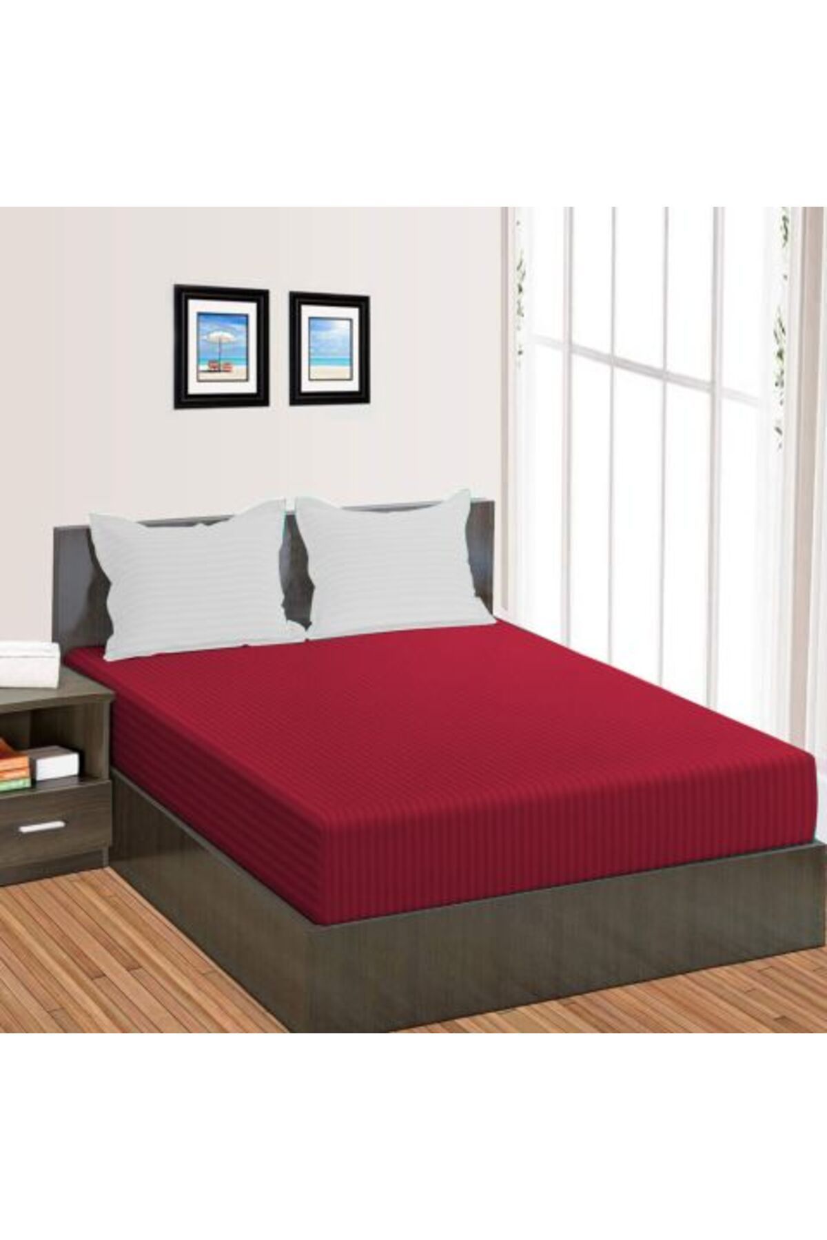 HomePuls-Bed Sheet with Elastic Damask Polycotton Stripe 1 cm, 190 x 250 cm for Mattress 140 x 200 cm, Persia 2