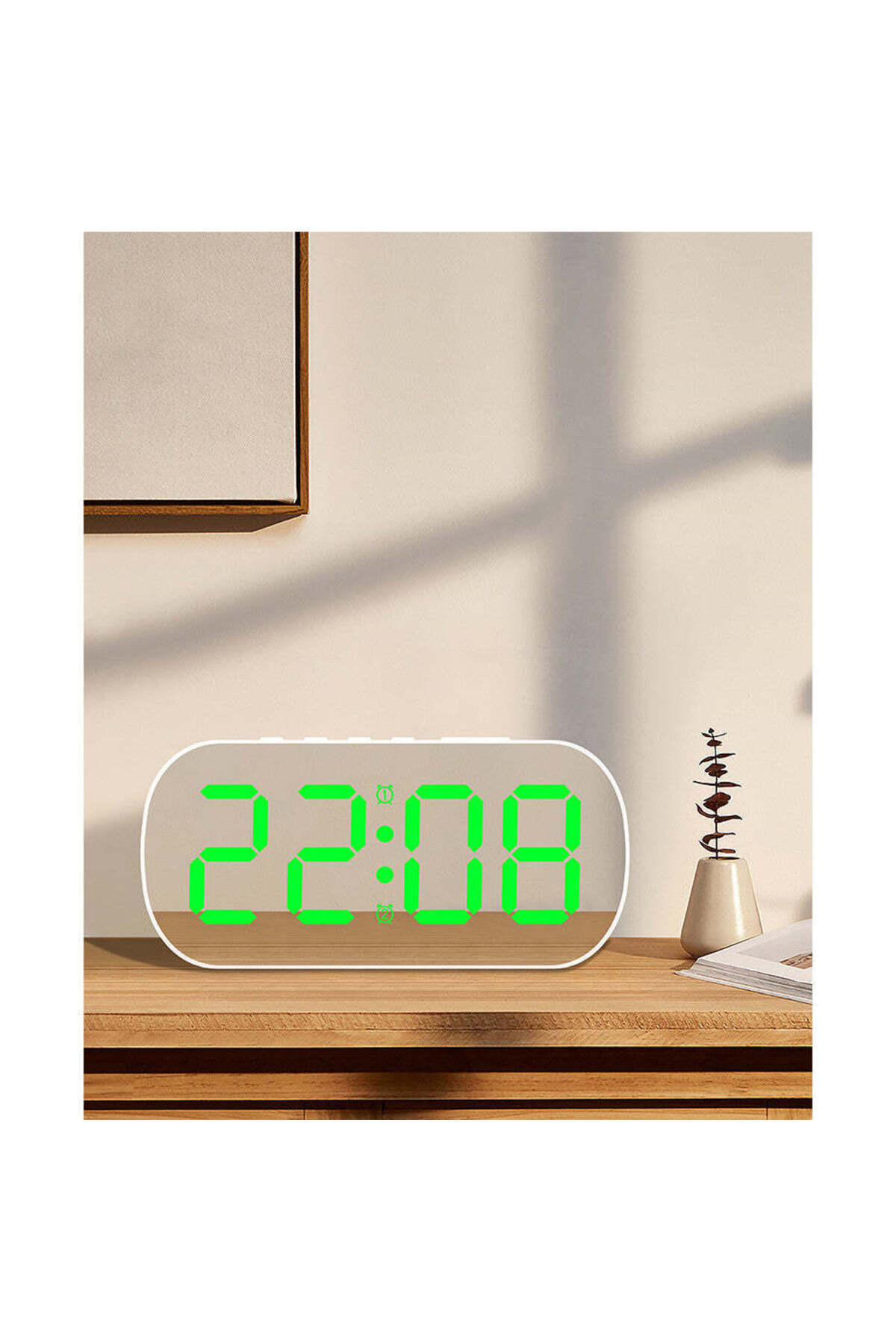 VTM-White Digital Clock with Green LED, Oval Mirror Style, Alarm, 5 Brightness Levels, Adapter Included 2