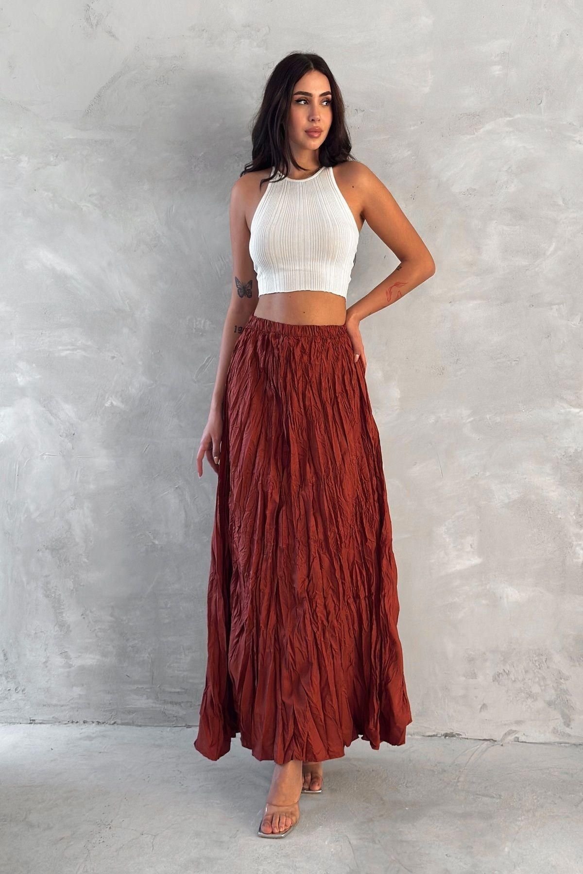 VOICTEC-Women's Wrinkled Maxi Size Elastic Waist Standard Size (38-44 Size Range) Flared Hijab Skirt 3
