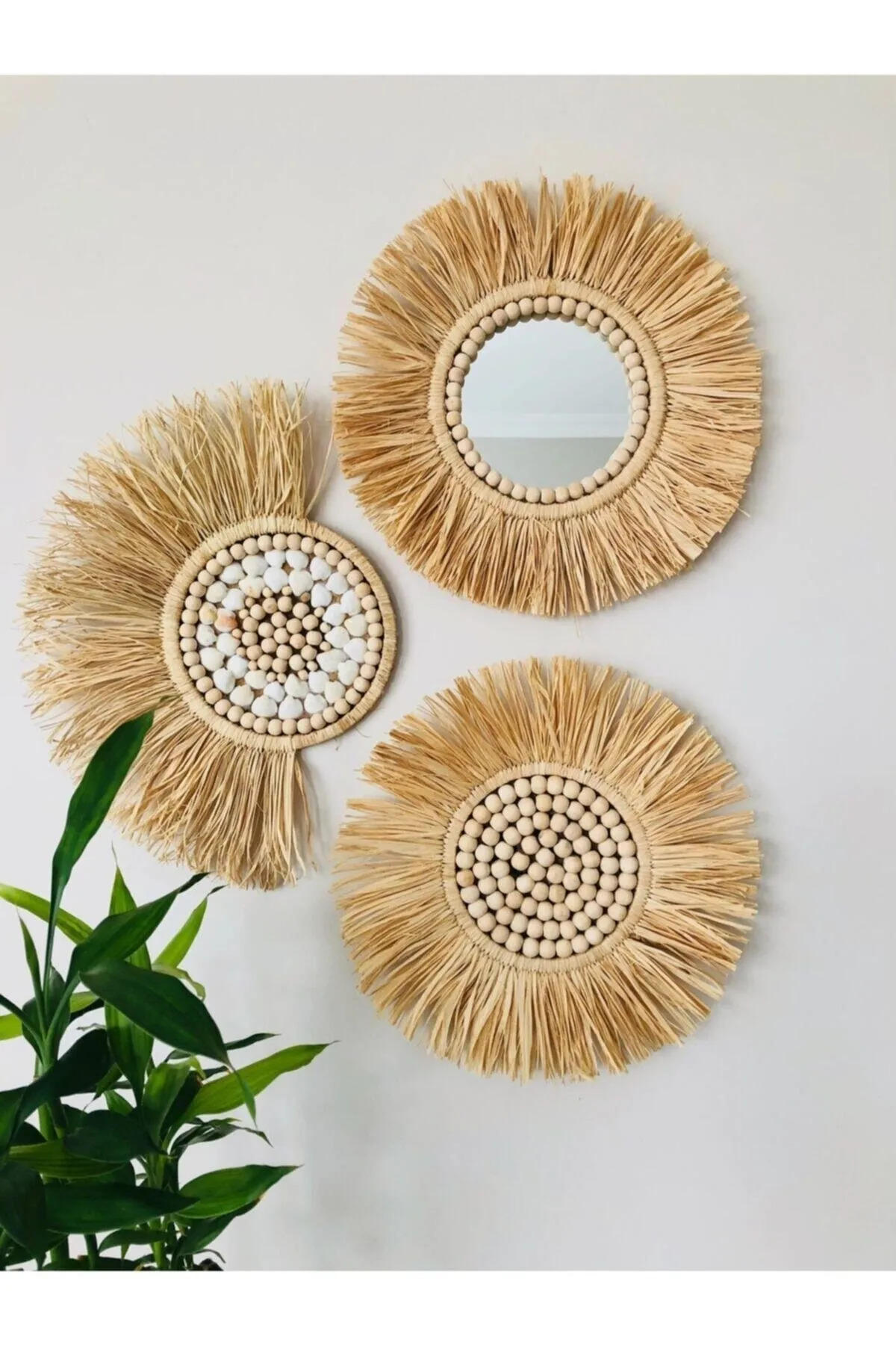 Raffia 3-Piece Mirror Set Fan Wall Ornament Bead Mirror Wicker Mirror Bohemian Mirror Handmade Mirror Raffia