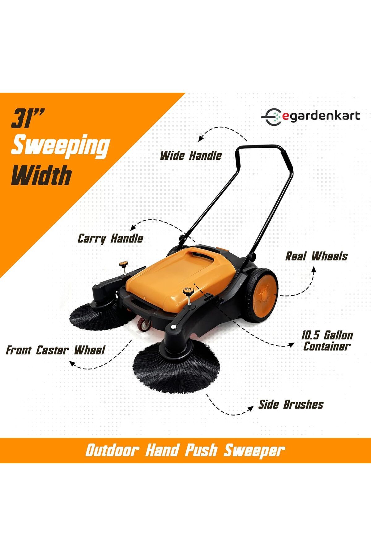 Egardenkart-, Walk-Behind Outdoor Hand Push Sweeper - 10.5 Gallon Capacity, 31" Sweeping width, Sweep 5