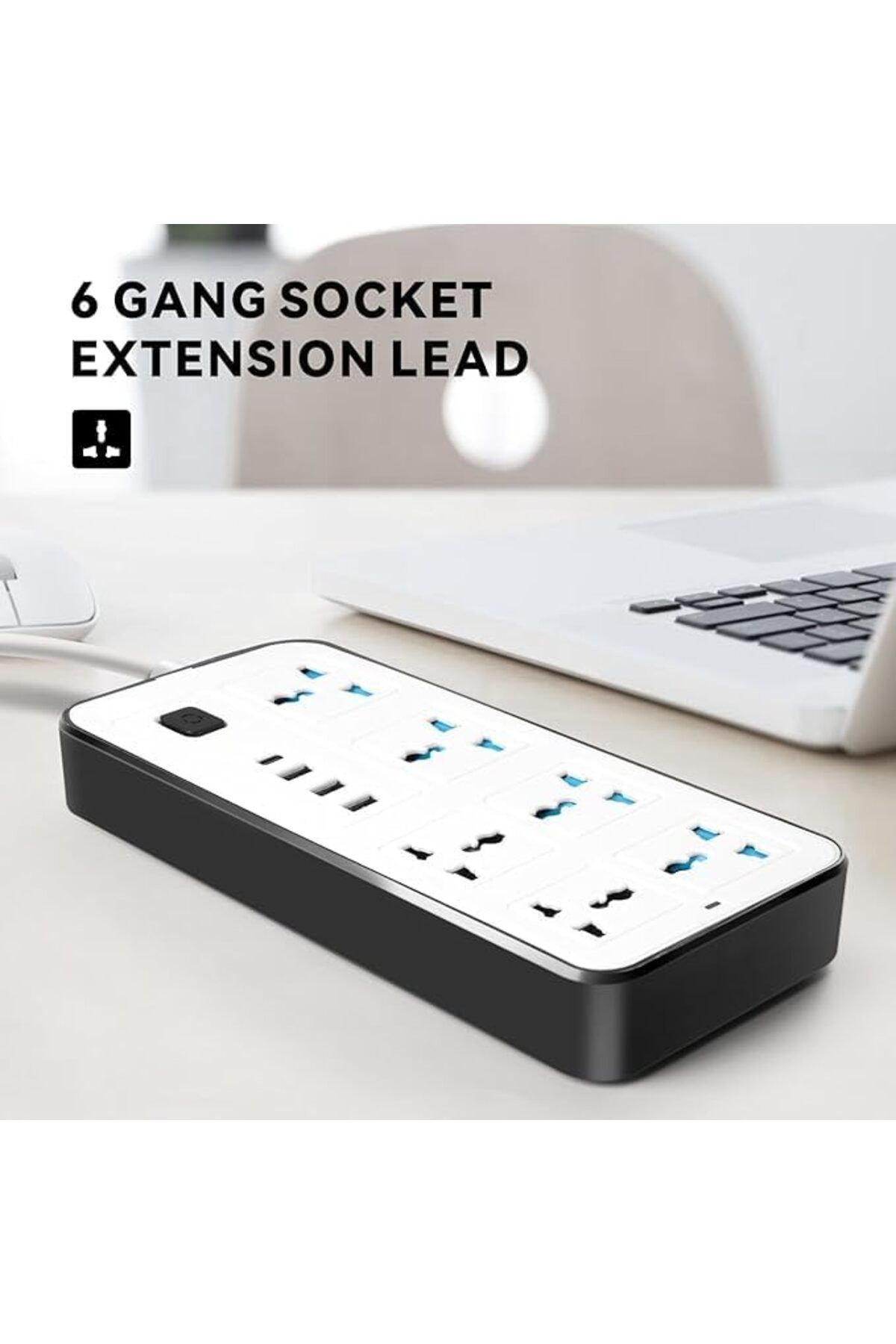 Duravel-Universal Extension Lead/Cord with Multiple Functions, UK 3-Pin Plug Socket with 6 Outlets | 3