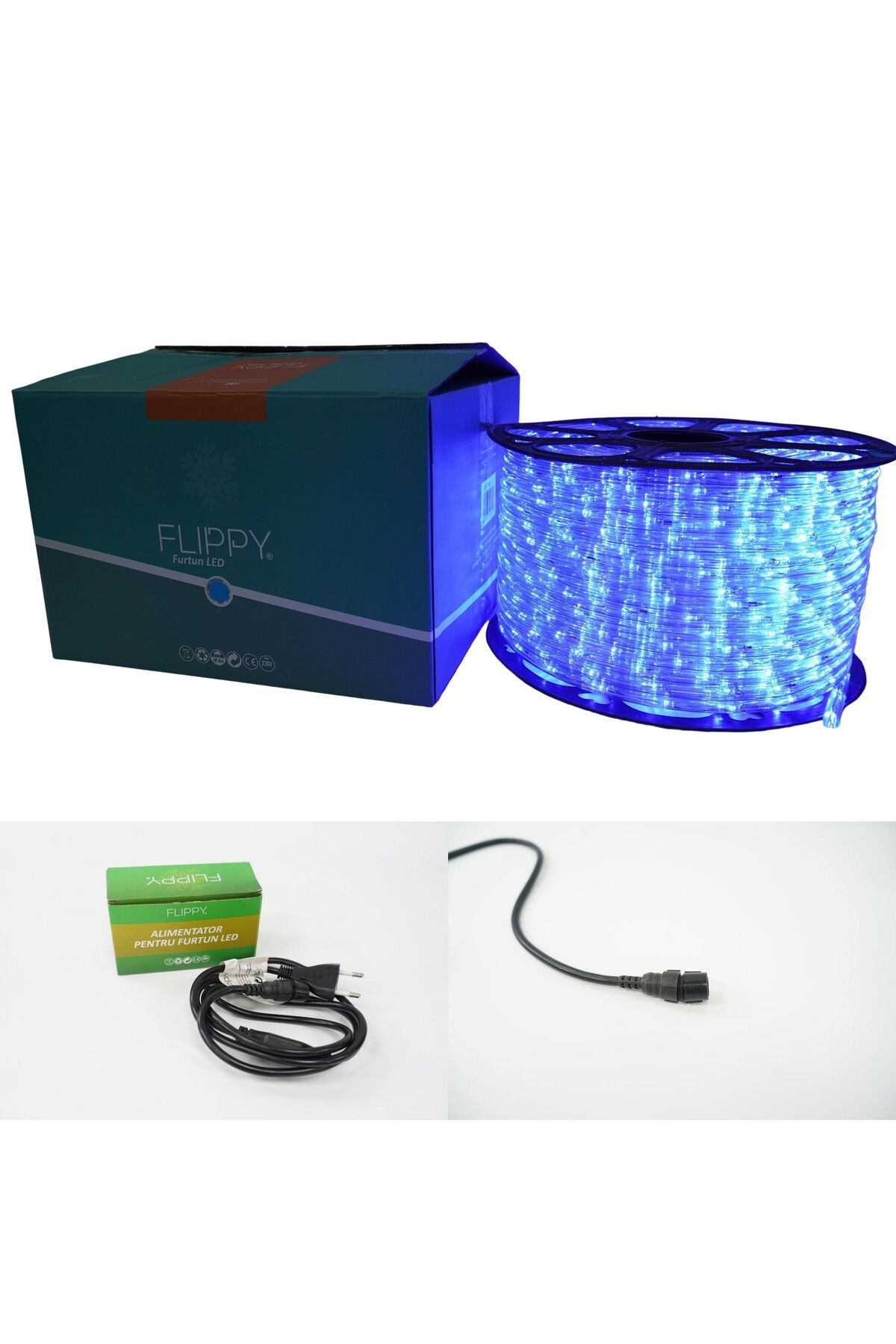 Teo-Instalatie Craciun, 32 m, 768 Led-uri, Furtun Luminos, Albastru, Transformator, Sectionabila, 220 V, 6