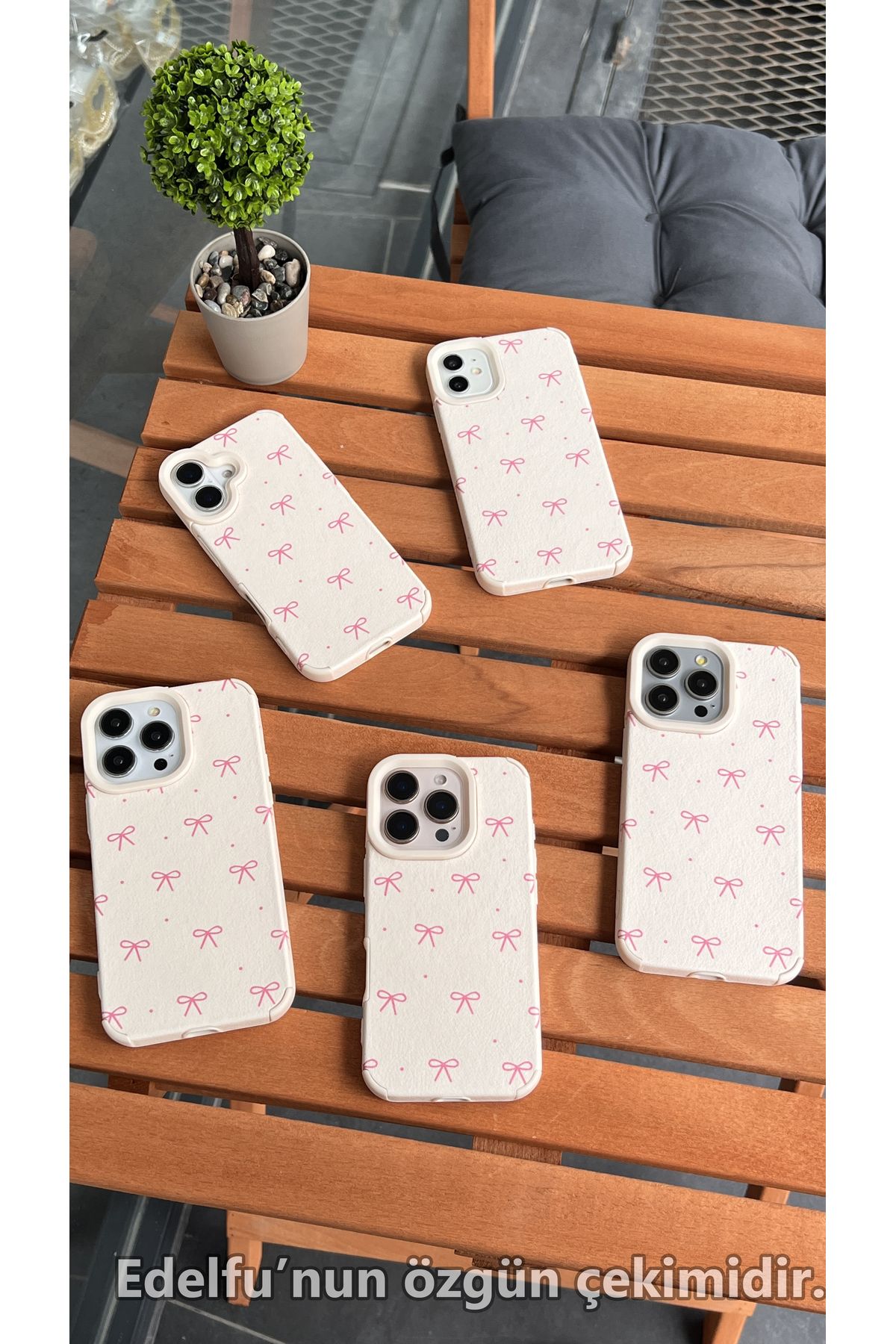 EDELFU-iPhone 15 Plus & 14 Plus Bow Pattern Cream Case - Soft Silicone, Embossed Leather Texture Cover 3