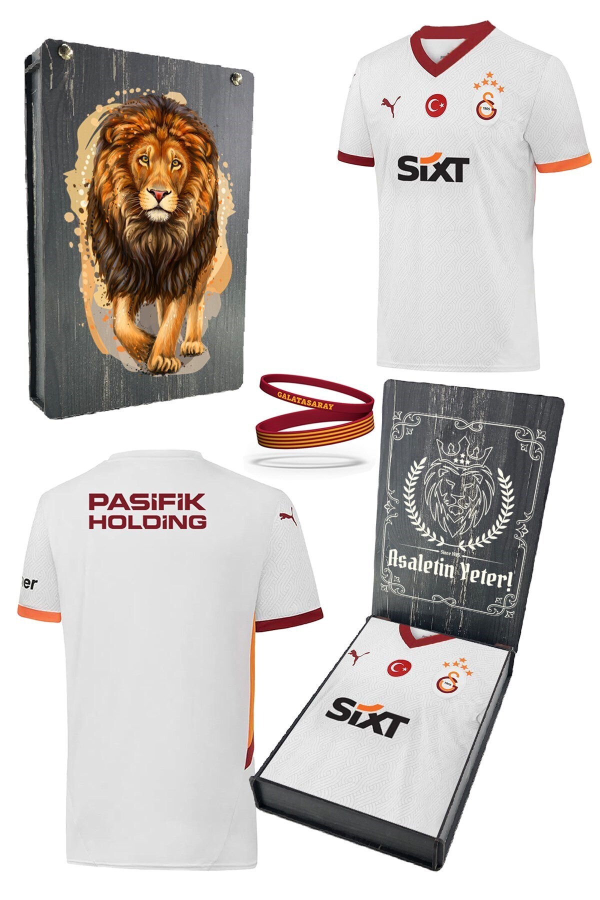 Galatasaray Orijinal Lisanslı 2024/25 5 Yıldızlı Beyaz Deplasman Taraftar Forma Spor Bileklik Set