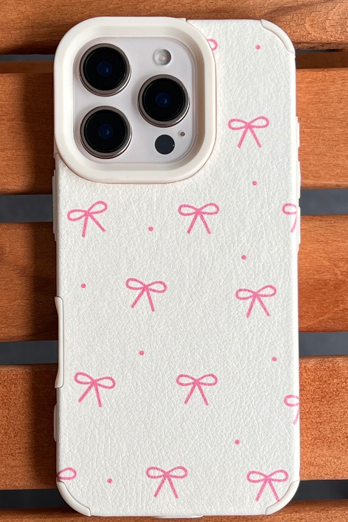 EDELFU-iPhone 16 Pro Max - Bow Pattern Cream Case - Soft Silicone, Embossed Leather Texture Cover 1