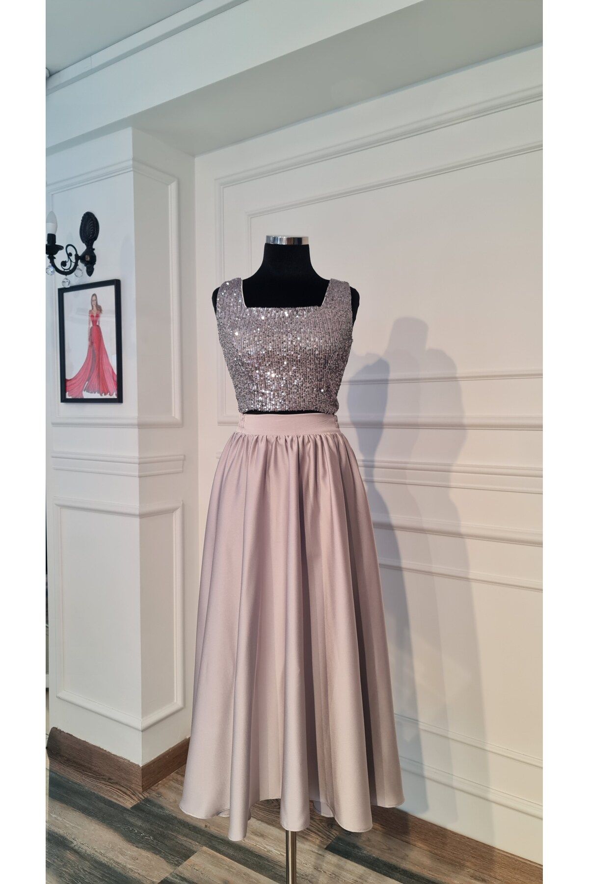 makbuleofficial-Silver Sequin Fabric Square Neck Top with Gathered Hem Midi Length Bottom Top Set 7