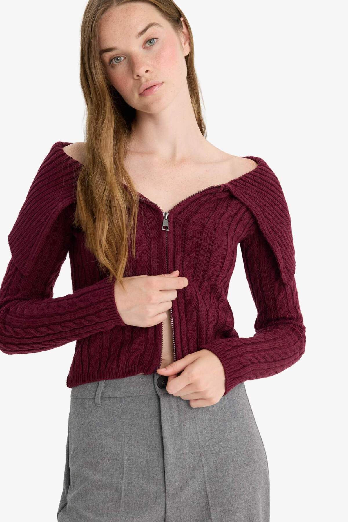 DeFacto-Regular Fit Open Shoulder Cardigan E8263Ax25Wn 3