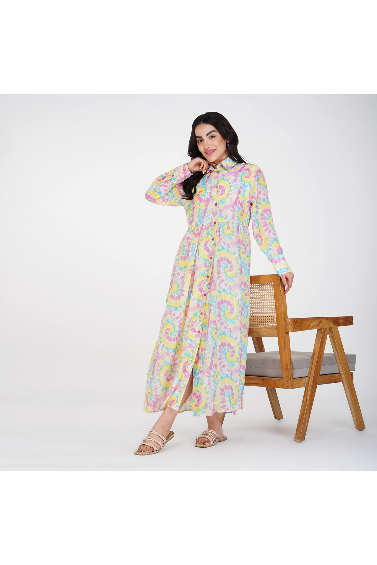 LINELLE Pastel Maxi Shirt Dress – Button-Down Front with Full Sleeves and Collared Neckline