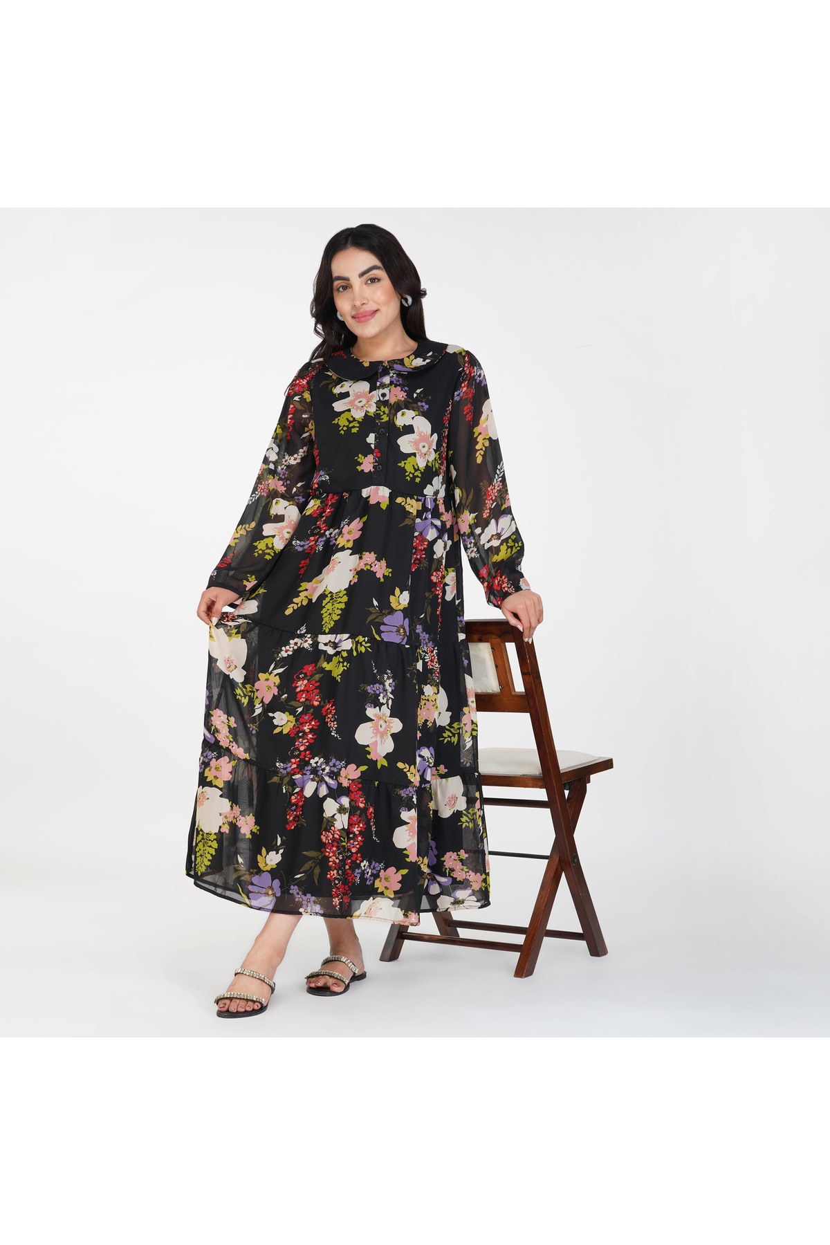 LINELLE Black and Multi-coloured Floral Tiered Maxi Dress