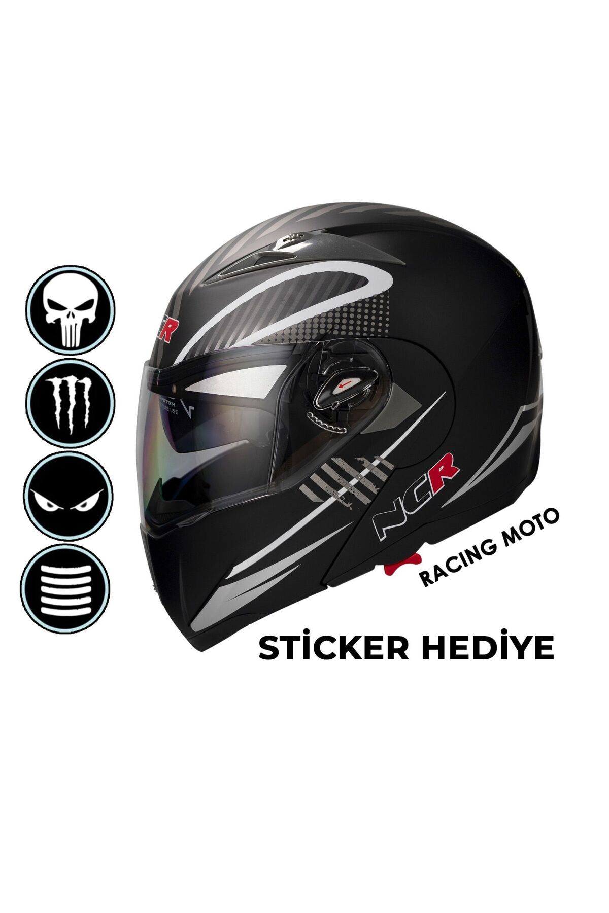 NCR Çene Açılır Kask - MONSTER Yeşil - (ECE BELGELİ) Sticker Hediyeli