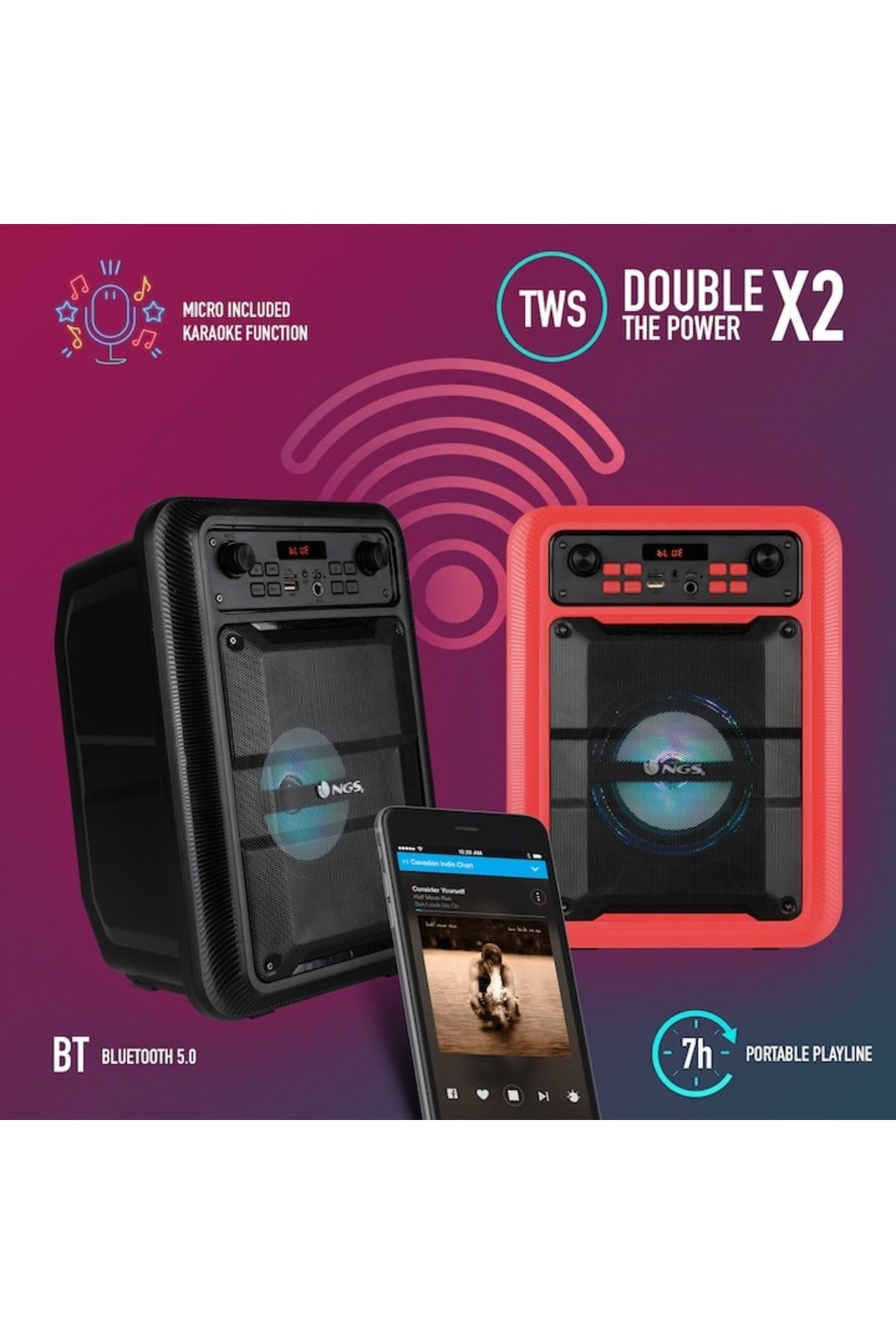 NGS-Portable Active Karaoke Speaker Bluetooth with USB, Card Reader, AUX, Dynamic Wired Microphone, 20W 3