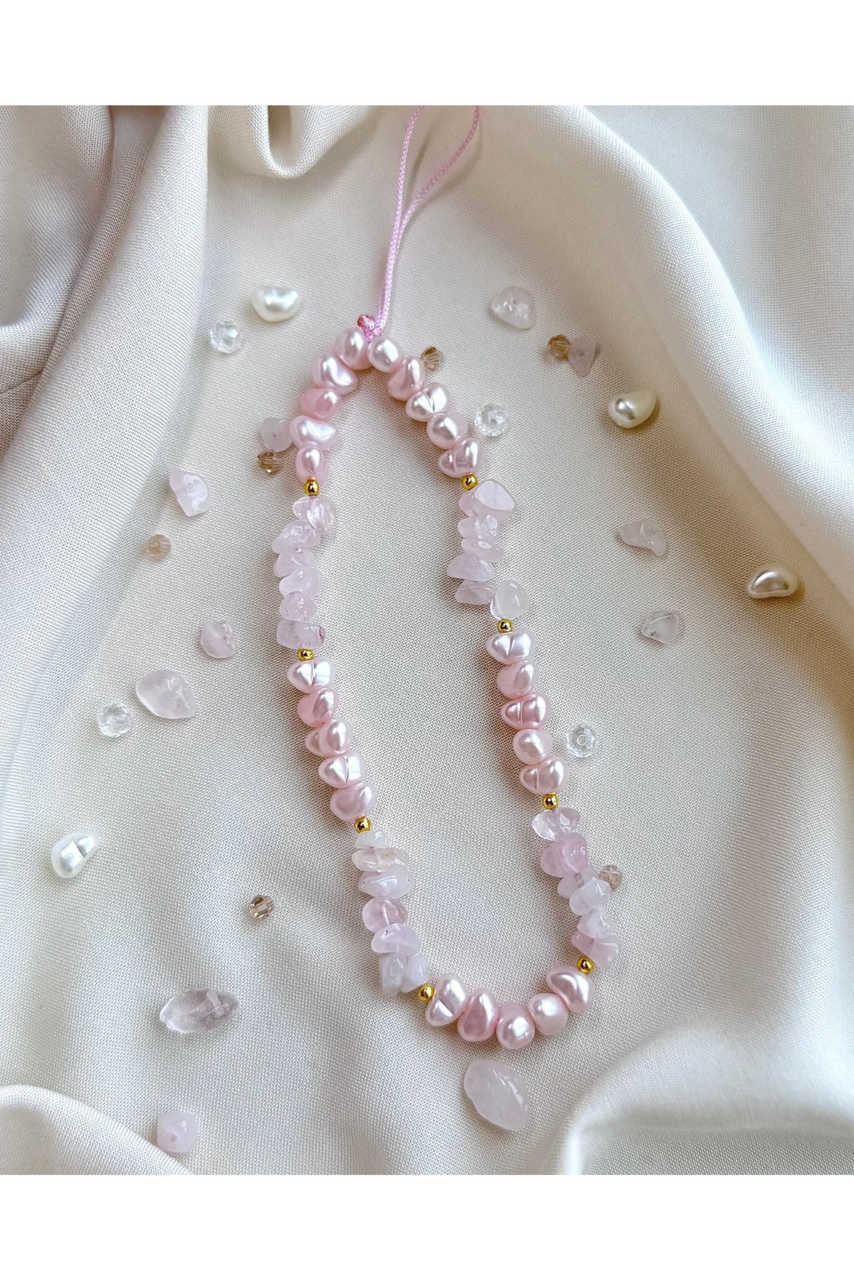 MİRAZ TASARIM PEMBE KUVARS DOĞAL TAŞLI İNCİ BONCUKLU TELEFON CHARMI TELEFON İPİ